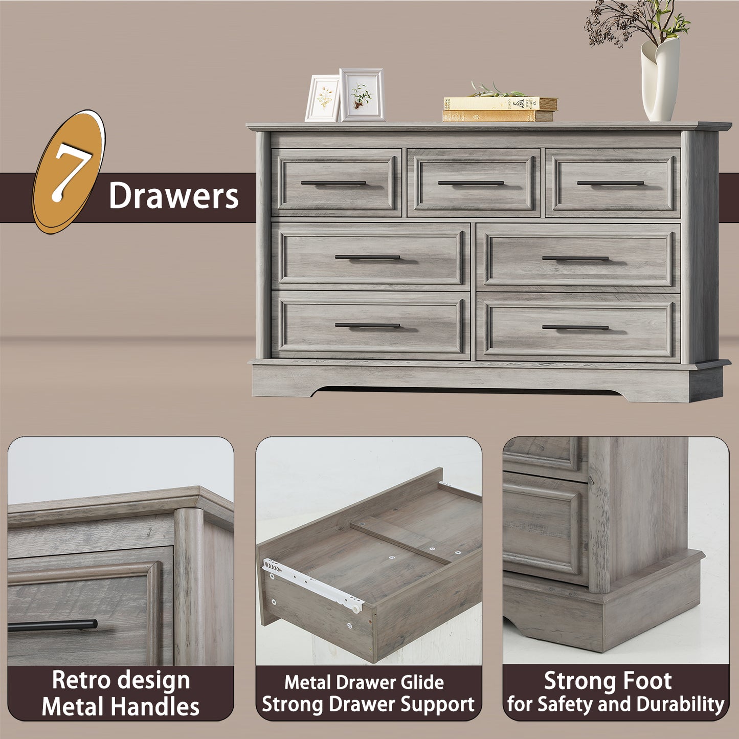 7 Drawers Dresser for Bedroom, Farmhouse Wide Dresser Wood Chest of Drawers, Gray