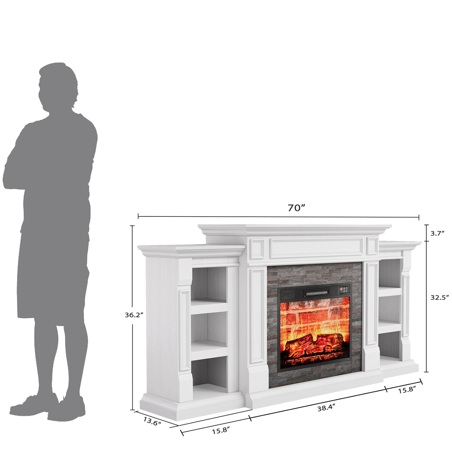 70" Fireplace Mantel TV Stand Entertainment Center for TVs up to 80" with Red Brick Fireplace