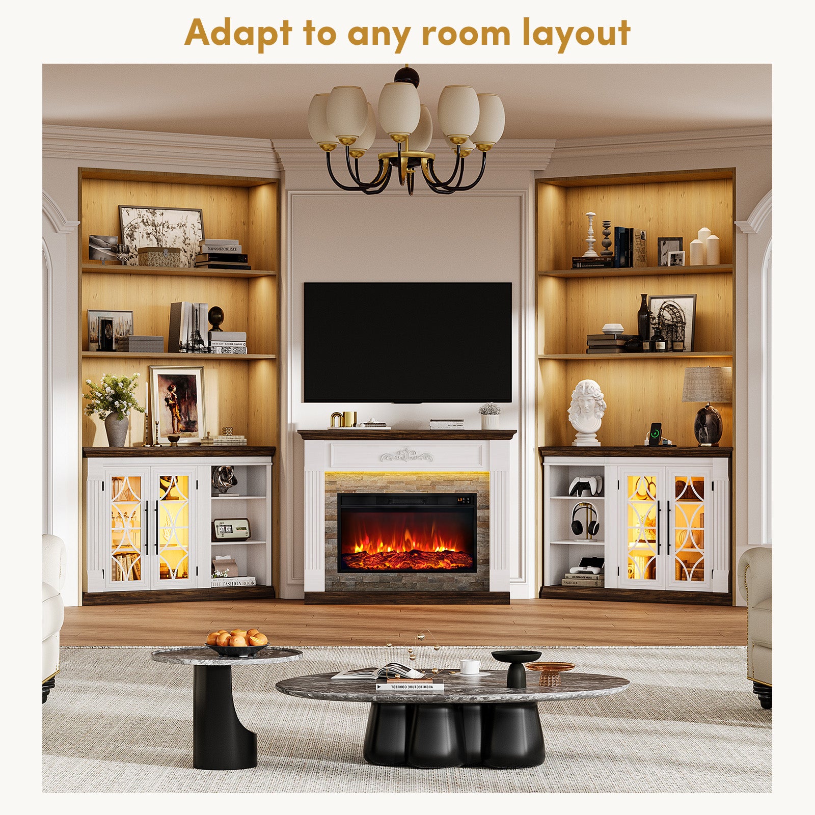 Holliwill Modular 135" Fireplace TV Stand with 30" Electric Fireplace & LED Lights & Charging Station, Modern Farmhouse Entertainment Center for Living Room