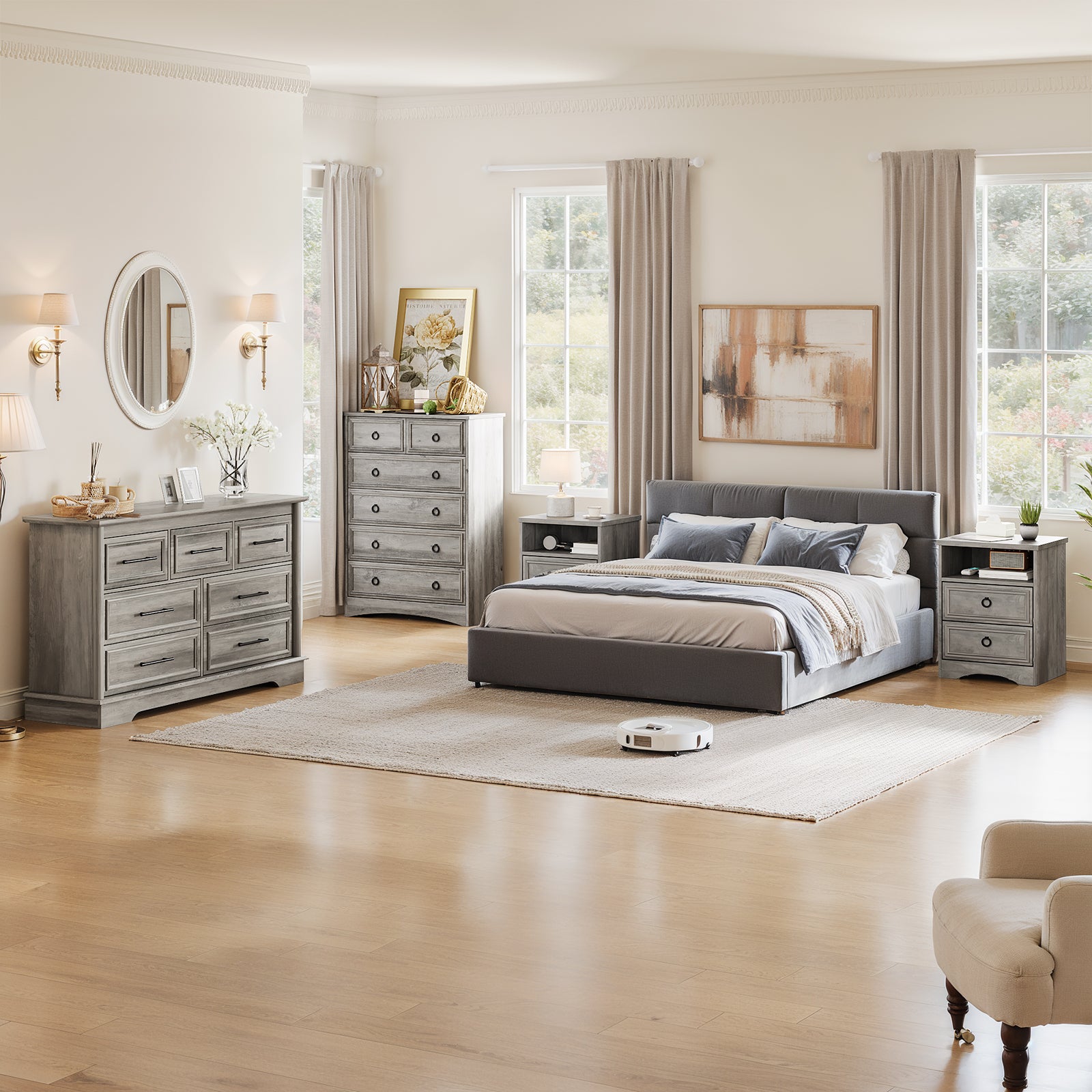 Holliwill Dresser Nightstands Set, 4 Pieces Bedroom Furniture Set, Wide 7 Drawer Dresser, Tall 6 Drawer Dresser and 2 Drawer Nightstand, Rustic Grey