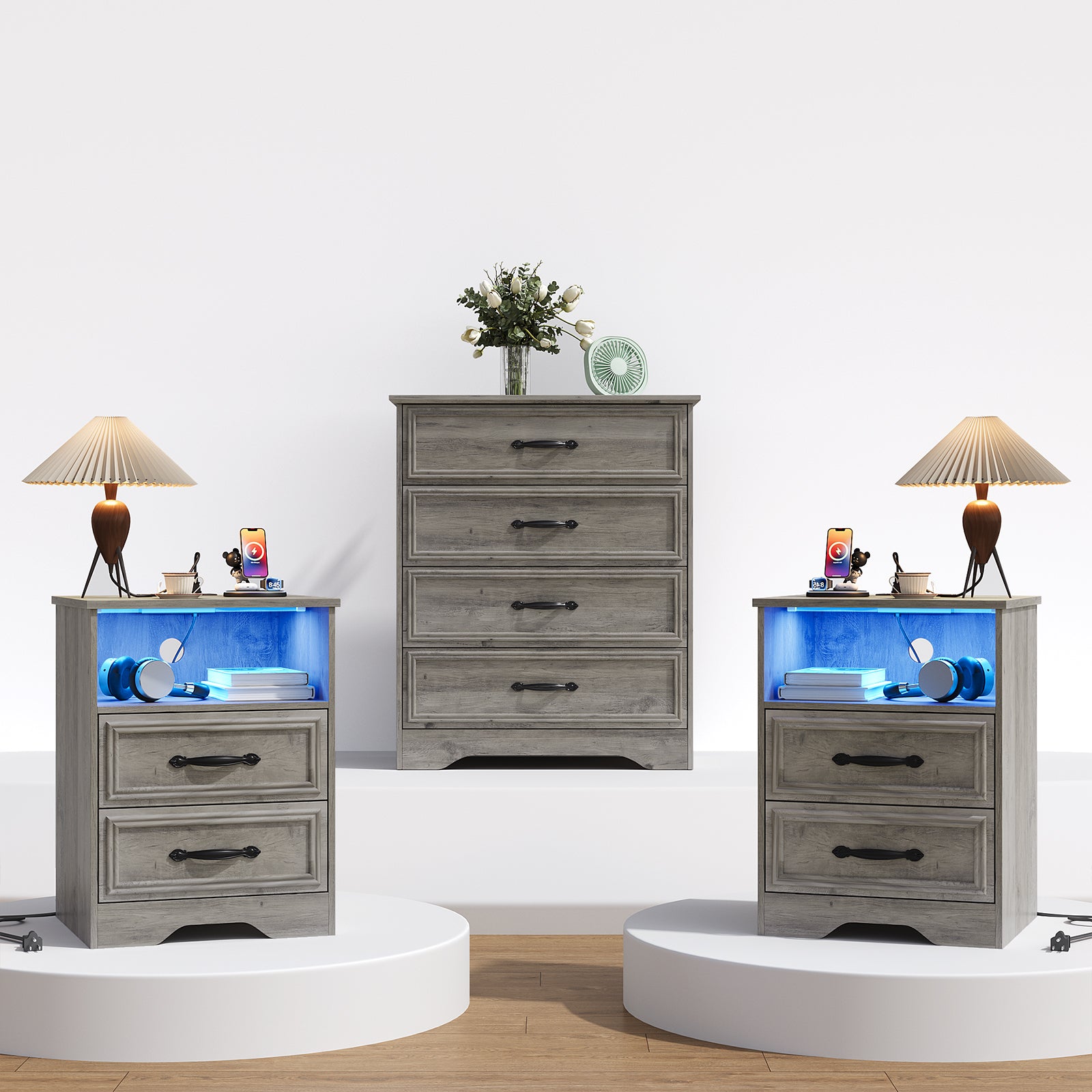 Holliwill Dresser Nightstands Set, Tall 4 Drawers Dresser and 2pcs Bedside Table with LED & Outlets for Bedroom, Grey