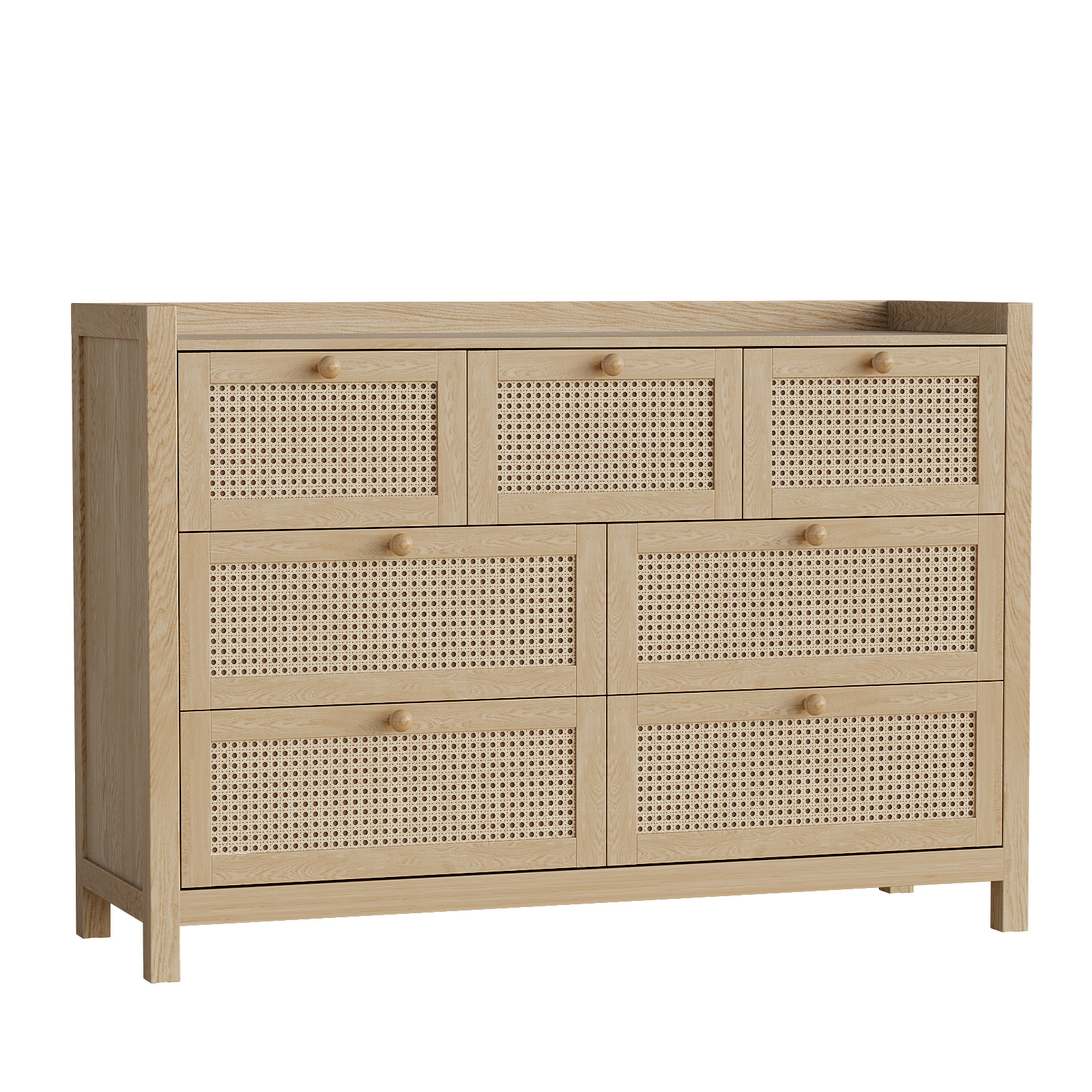 Holliwill 7 Drawer Dresser for Bedroom, Rattan Wide Chest of Drawers, Wood Dresser for Entryway, Living Room, Natural Oak