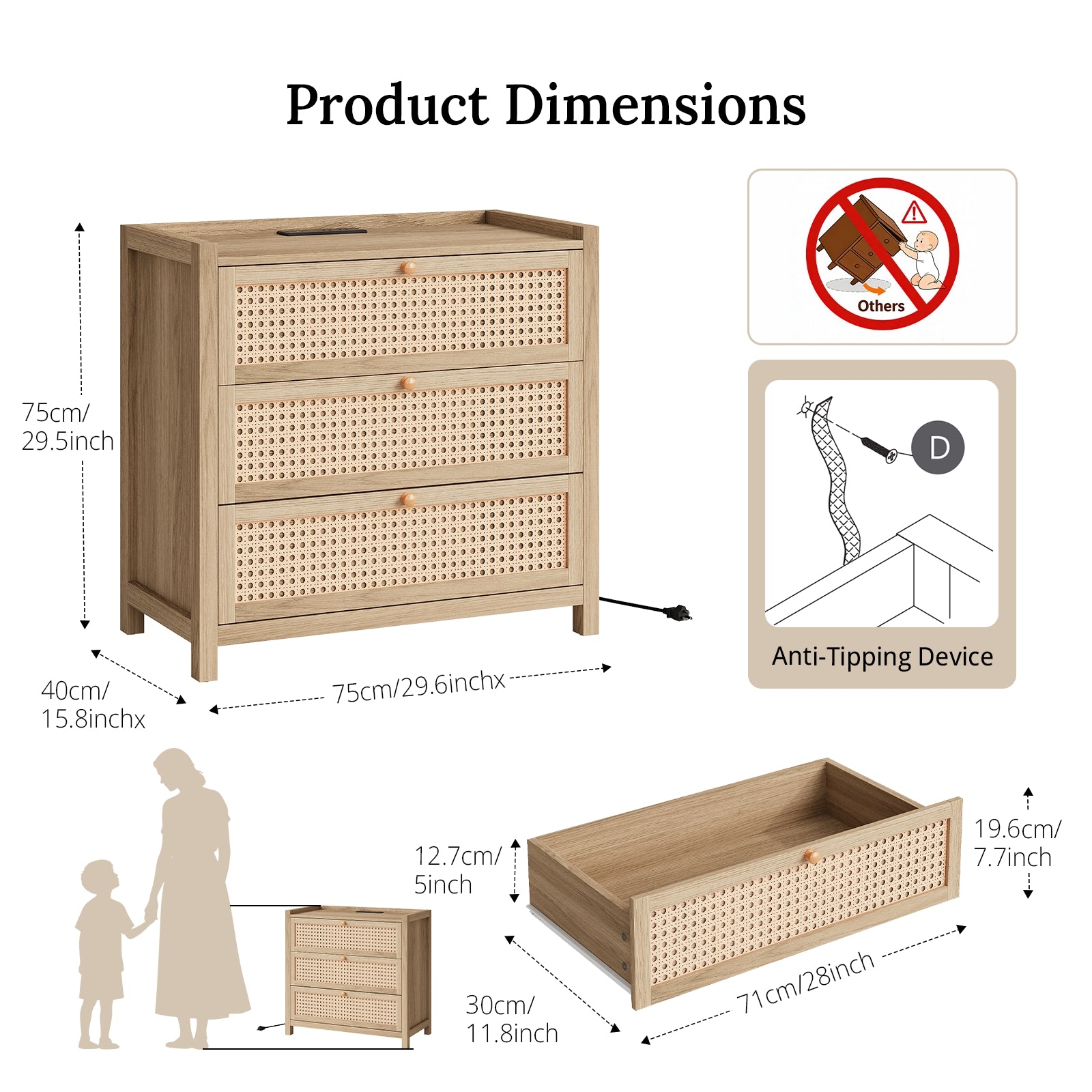 Holliwill 2 Pieces Bedroom Furniture Set, Rattan 7-Drawer Dresser and 3-Drawer Nightstand Set with Charging Station, Chest of Drawers for Bedroom, Natural Oak