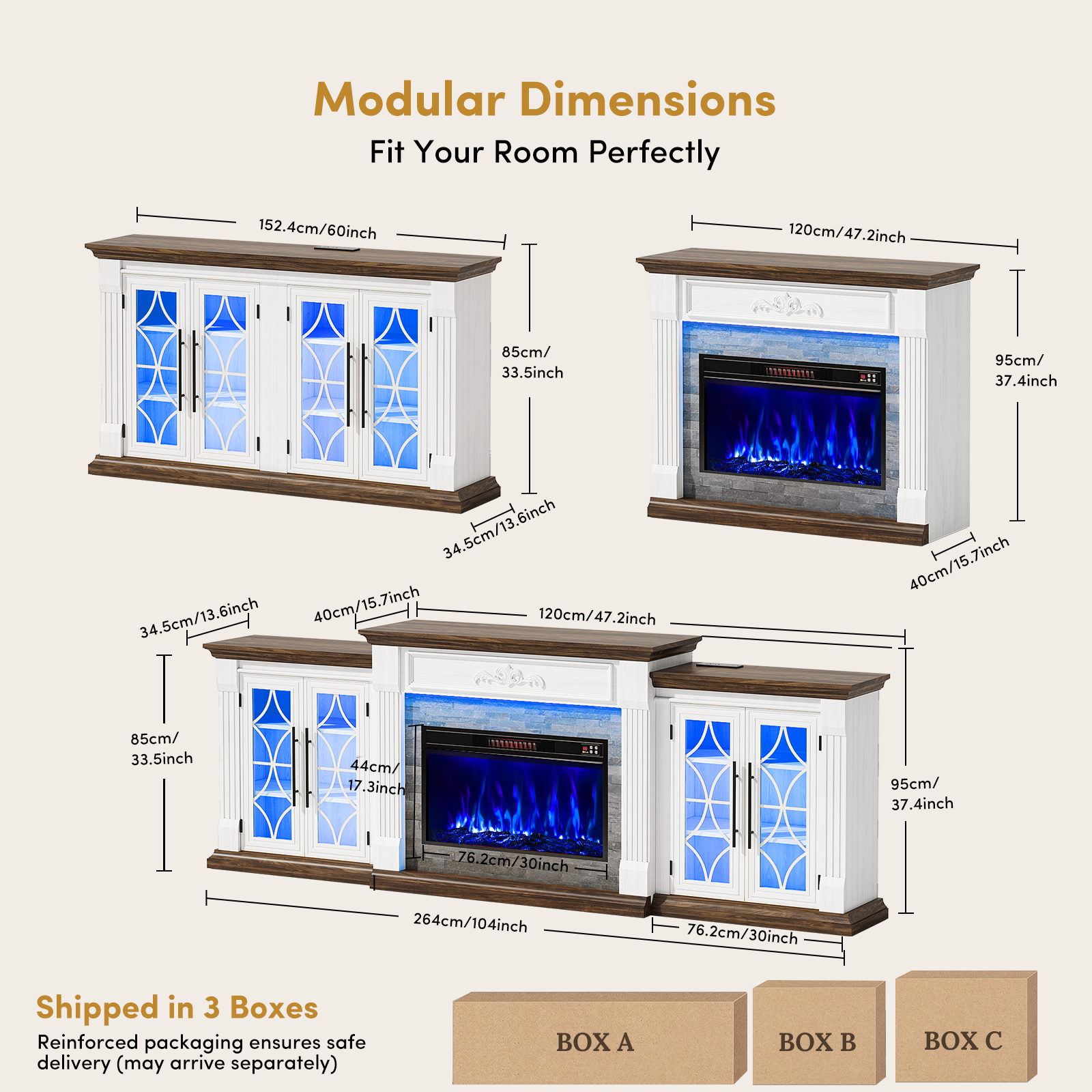 Holliwill 104" Fireplace TV Stand with 30" Multi-color Electric Fireplace & LED Lights & Charging Station, 3 in 1 Modular Entertainment Center for Living Room