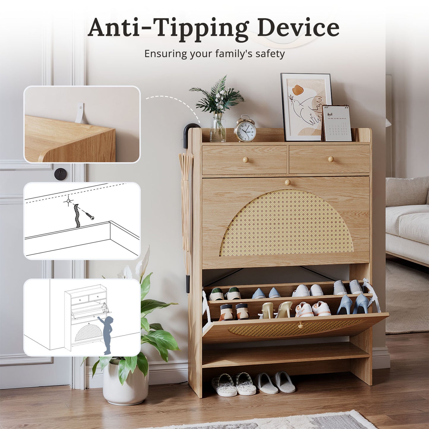 HolliWill Shoe Storage Cabinet with 2 Rattan Flip Drawers & 2 Drawers