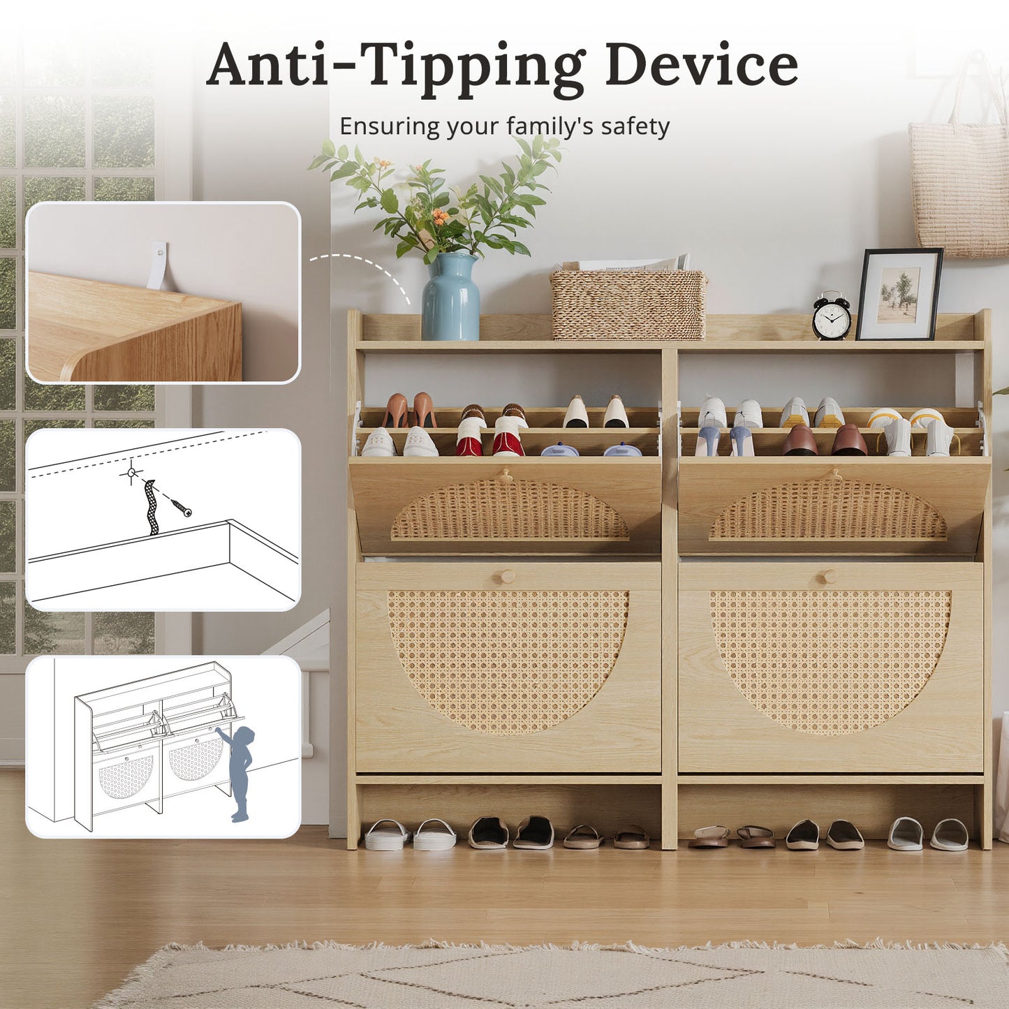 HolliWill Shoe Storage Cabinet with 4 Flip Drawers, Rattan Narrow Shoes Organizer Cabinet