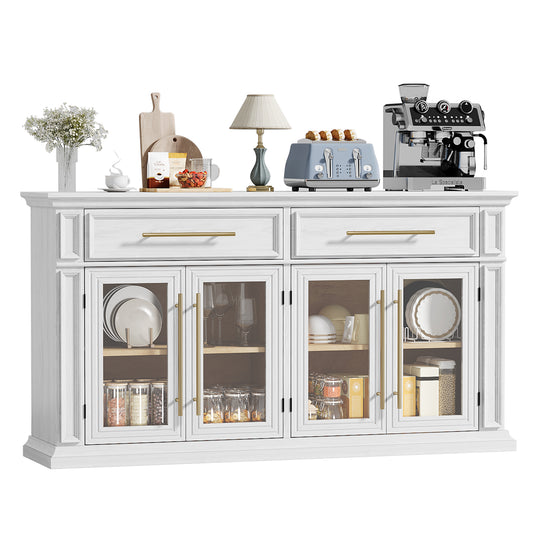 HolliWill 63" Modern Buffet Cabinet with 2 Drawers and 4 Glass Doors, Large Sideboard Coffee Bar Cabinet