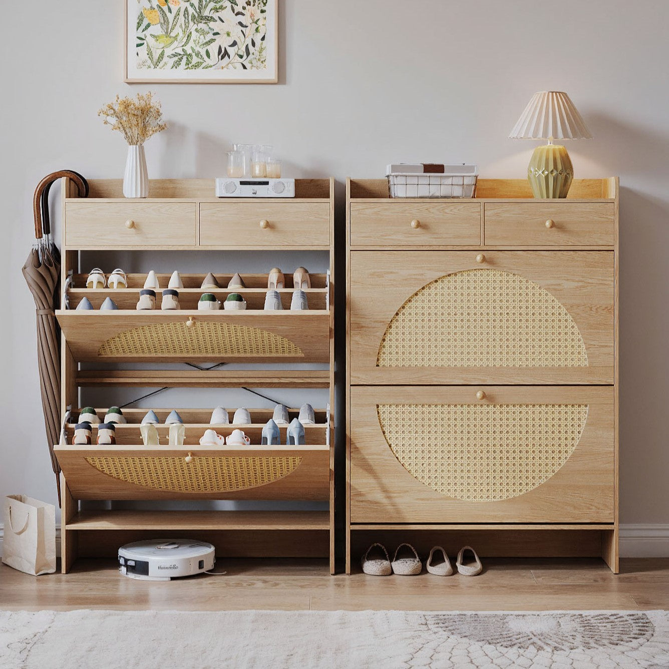 HolliWill Shoe Storage Cabinet with 2 Rattan Flip Drawers & 2 Drawers