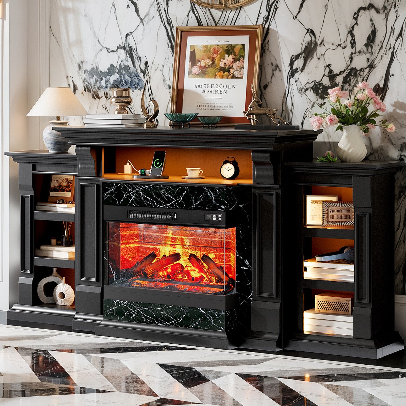 Holliwill 3-Sided Glass Farmhouse 72" Fireplace TV Stand for TVs up to 80", Electric Fireplace with Mantel, Entertainment Center TV Console with Charging Station & LED Lights for Living Room