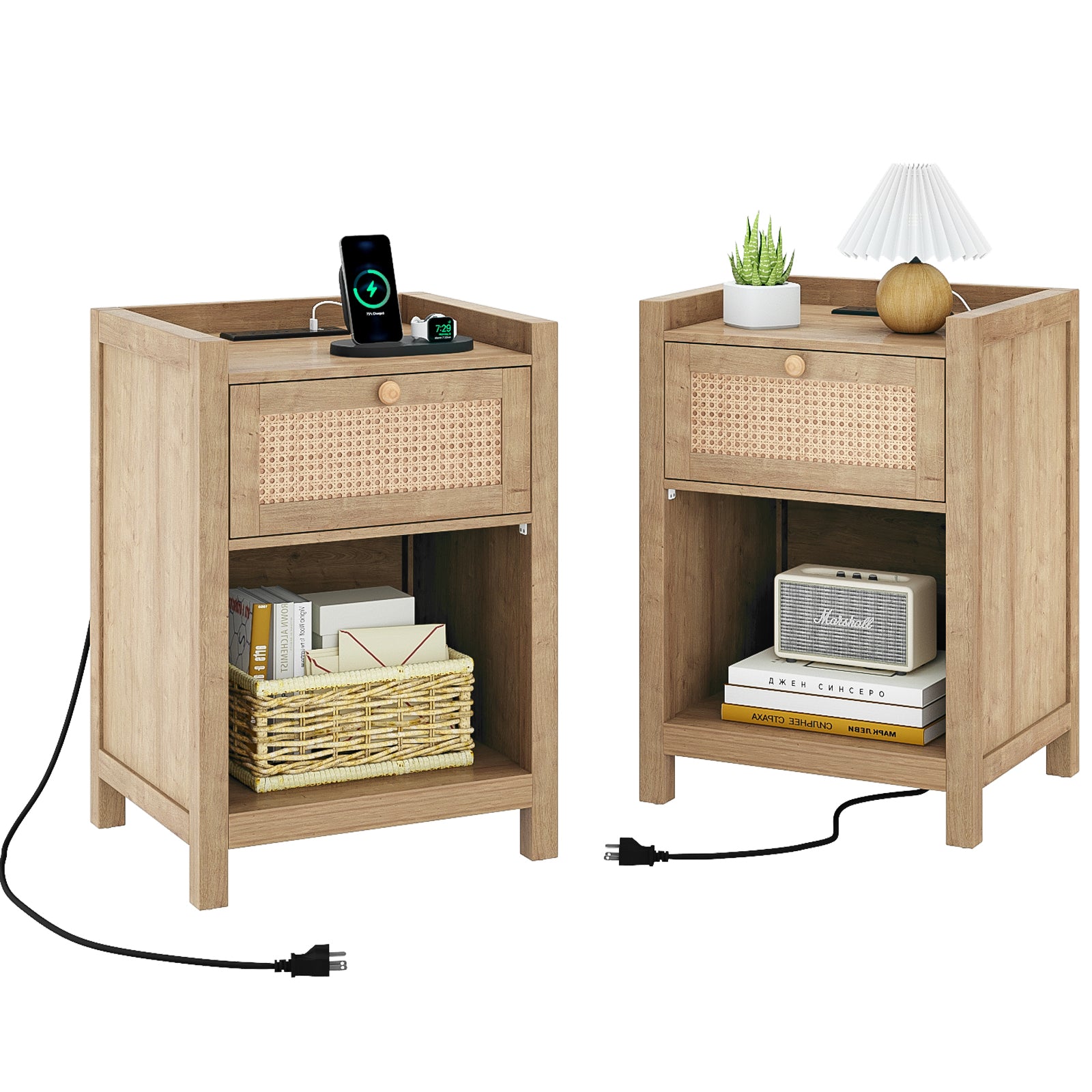 Holliwill Nightstand for Bedroom Set of 2 with Charging Station, Boho Rattan Modern Bedside Tables with Type-C port, USB port, Bed Side Tables End Table - Natural Oak