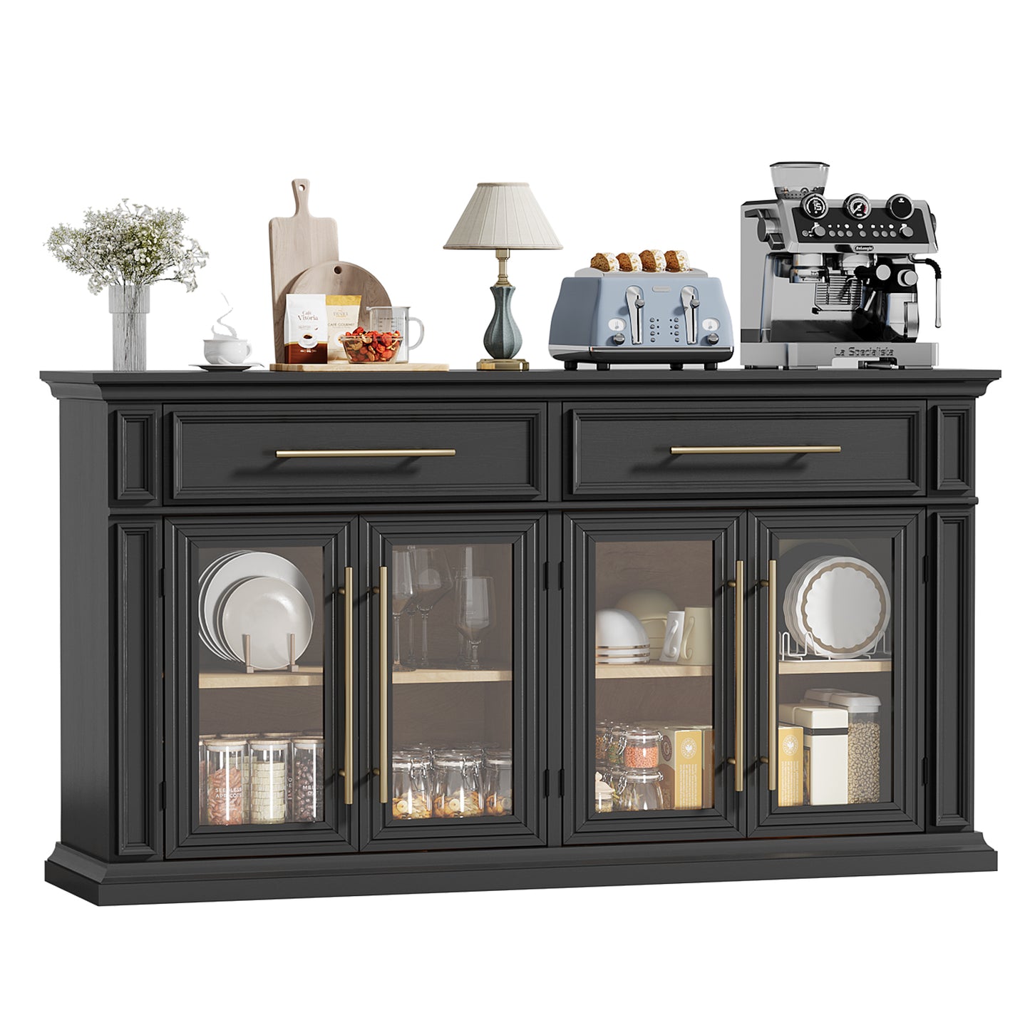 HolliWill 63" Modern Buffet Cabinet with 2 Drawers and 4 Glass Doors, Large Sideboard Coffee Bar Cabinet