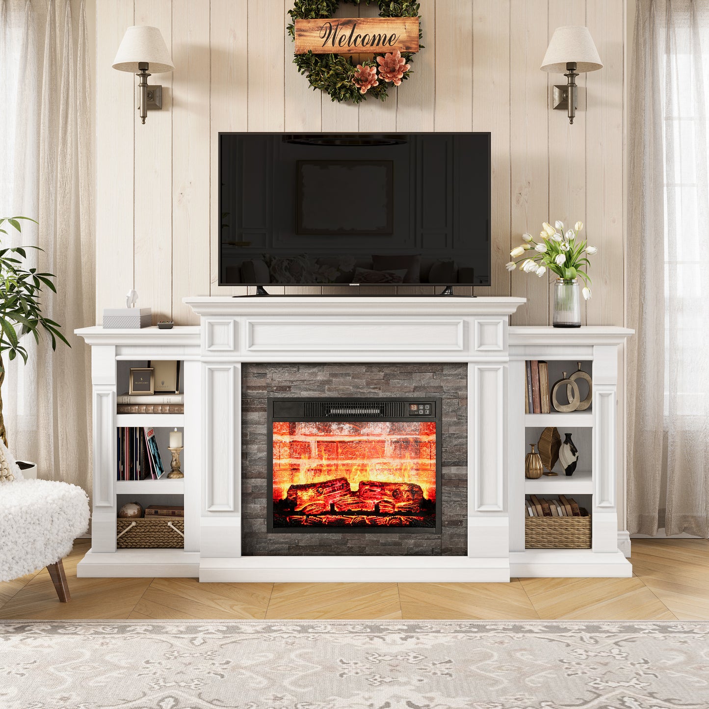 70" Fireplace Mantel TV Stand Entertainment Center for TVs up to 80" with Red Brick Fireplace