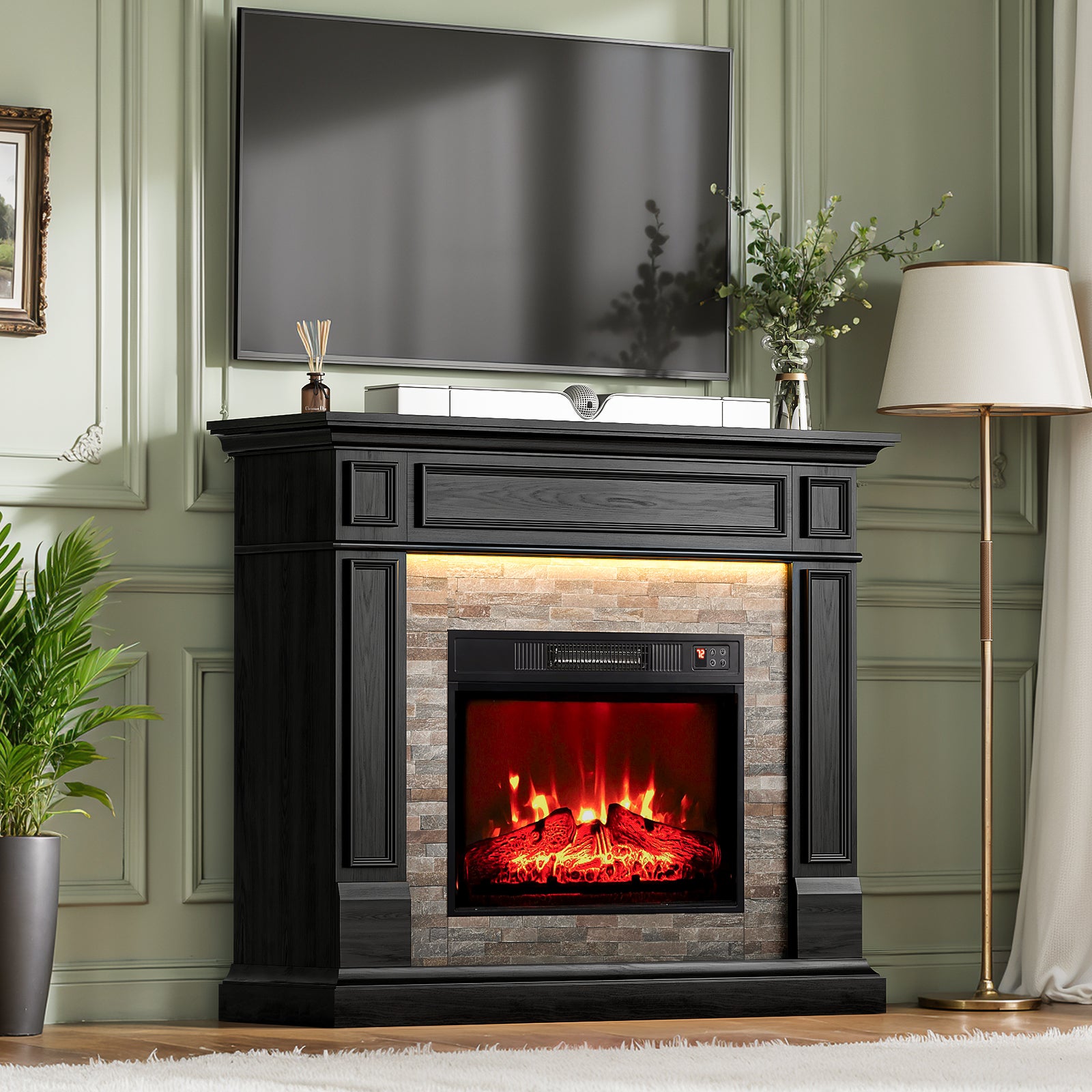 Holliwill Electric Fireplace Mantel, 44" Freestanding Fireplace Heater with LED Lights, Infrared Quartz Heater, 1400W, Black