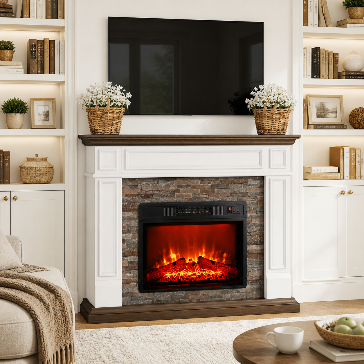 Holliwill Electric Fireplace with Mantel, 44" Freestanding Fireplace Heater, Infrared Quartz Heater, 1400W, White & Brown