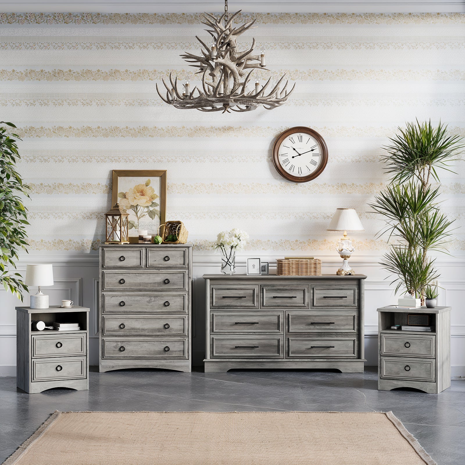 Holliwill Dresser Nightstands Set, 4 Pieces Bedroom Furniture Set, Wide 7 Drawer Dresser, Tall 6 Drawer Dresser and 2 Drawer Nightstand, Rustic Grey