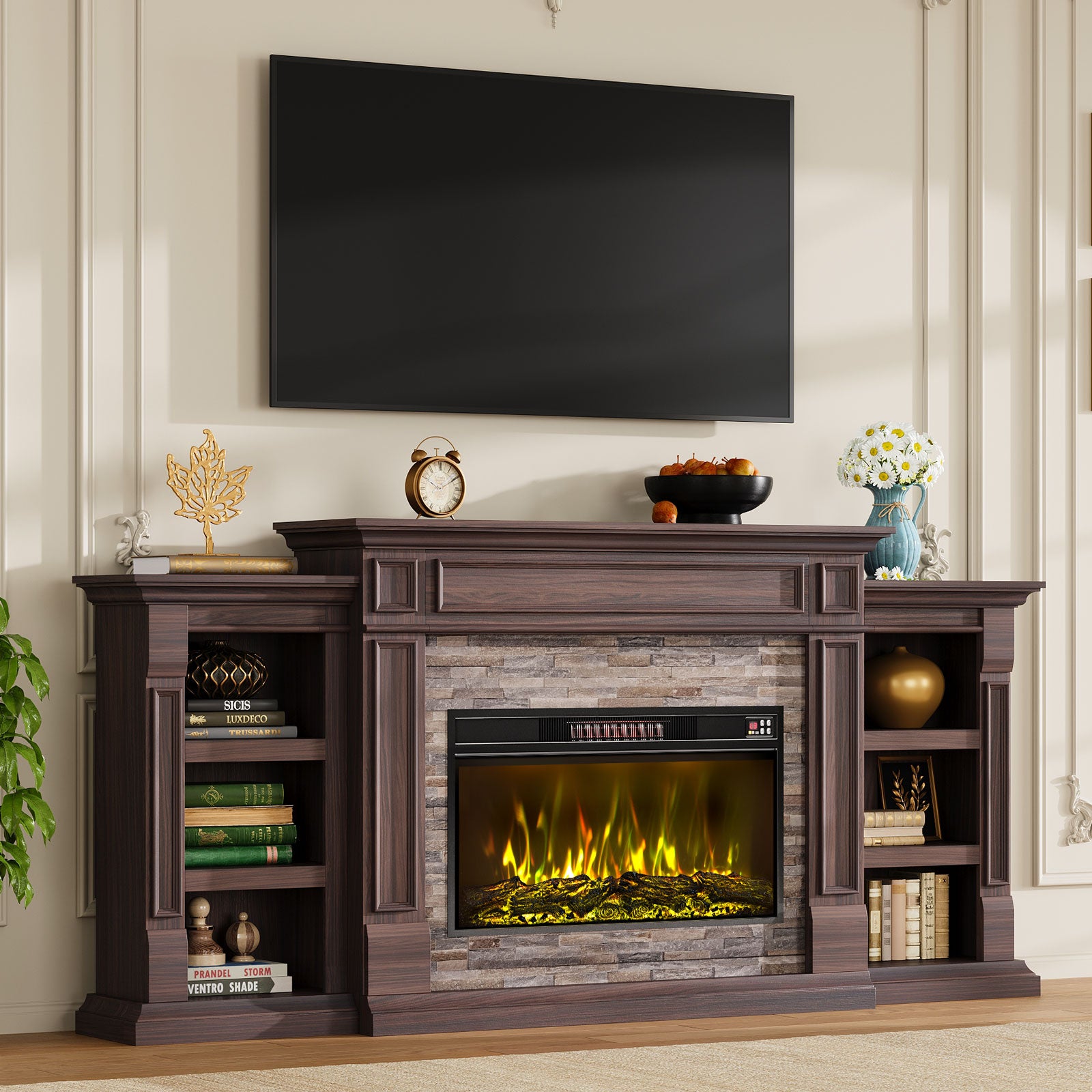 Holliwill 80" Electric Fireplace with Mantel, Modern Farmhouse TV Stand for TVs up to 90" with 30" Colorful Insert Heater, Brown