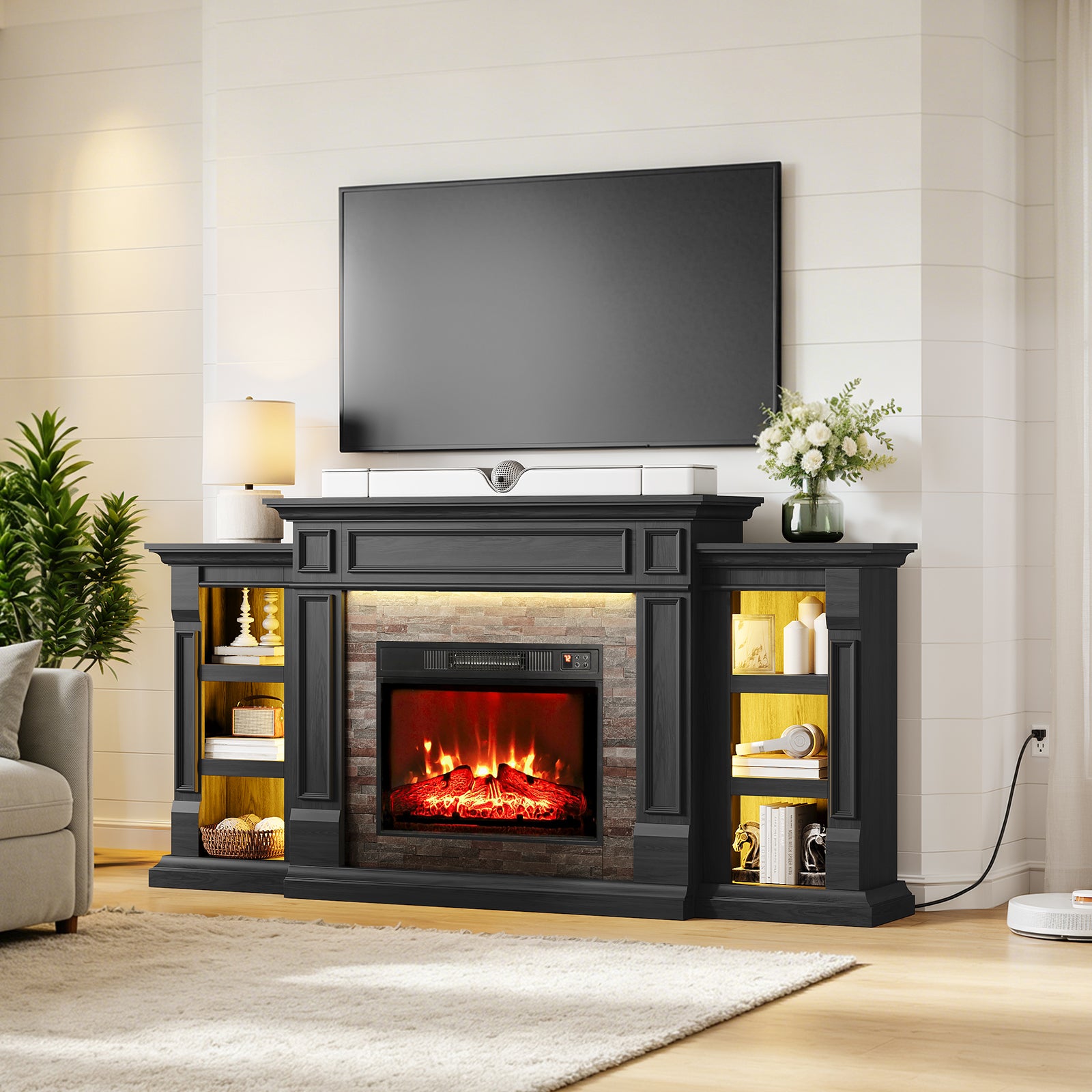 Holliwill 72" TV Stand for TVs up to 80" with LED Light, Electric Fireplace with Mantel, Entertainment Center with 23" Insert Heater for Living Room, Black