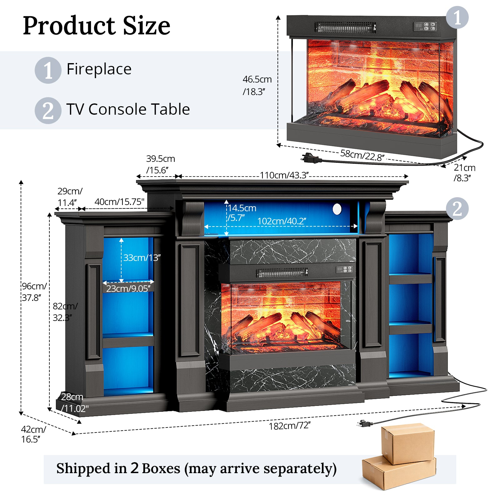 Holliwill 3-Sided Glass Farmhouse 72" Fireplace TV Stand for TVs up to 80", Electric Fireplace with Mantel, Entertainment Center TV Console with Charging Station & LED Lights for Living Room