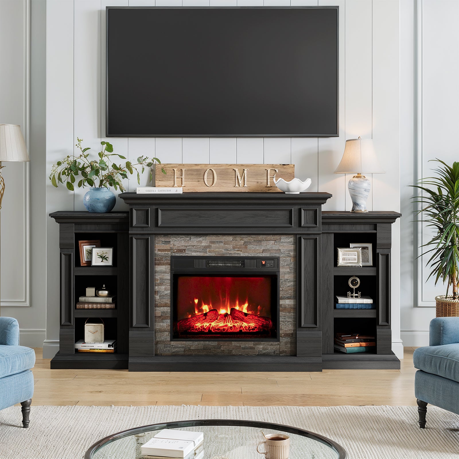 Holliwill 72" Electric Fireplace with Mantel, Farmhouse TV Stand for TVs up to 80", Entertainment Center with 23" Fireplace Insert Heater for Living Room, Bedroom, Black