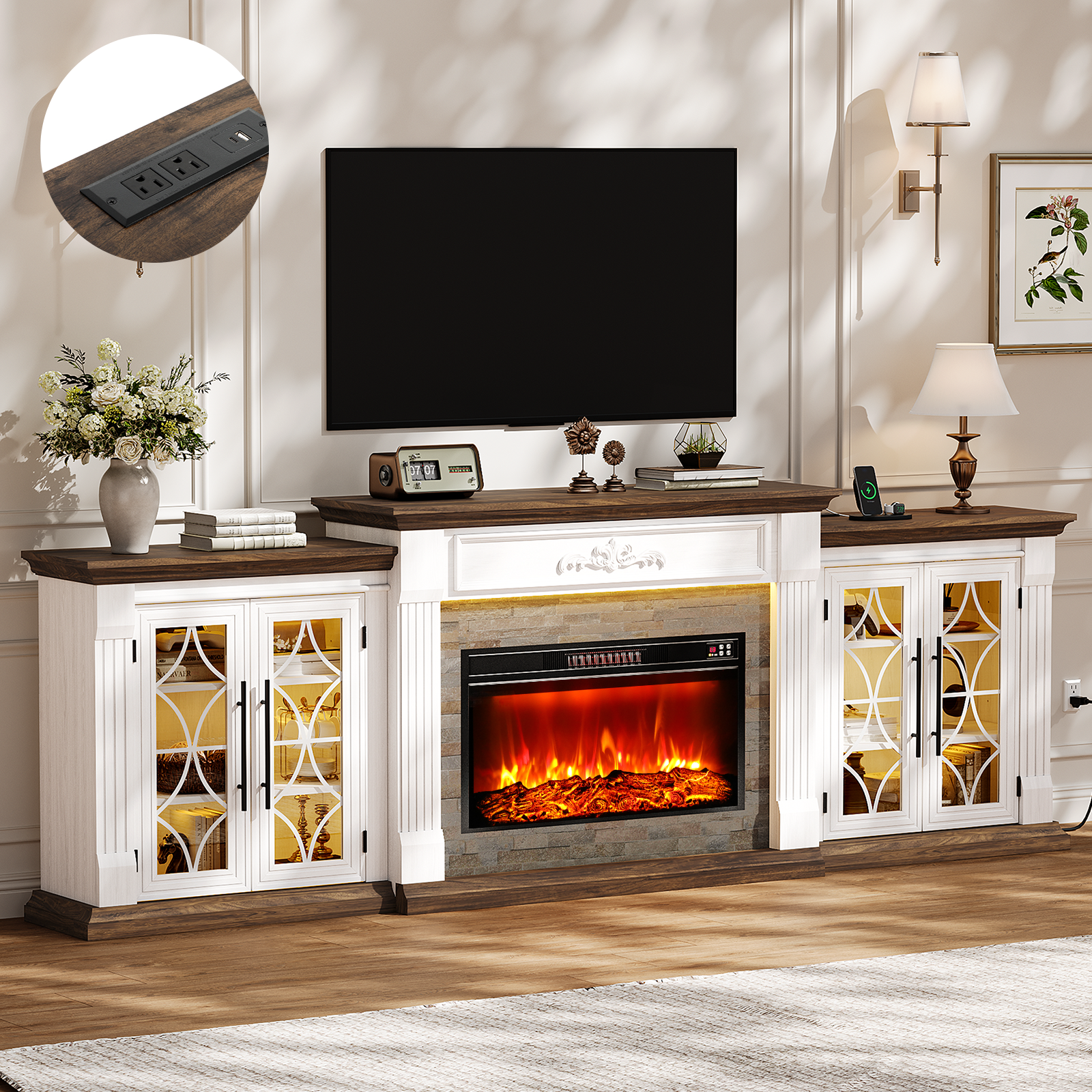 Holliwill 104" Fireplace TV Stand with 30" Electric Fireplace & LED Lights & Charging Station, 3 in 1 Modular Entertainment Center for Living Room