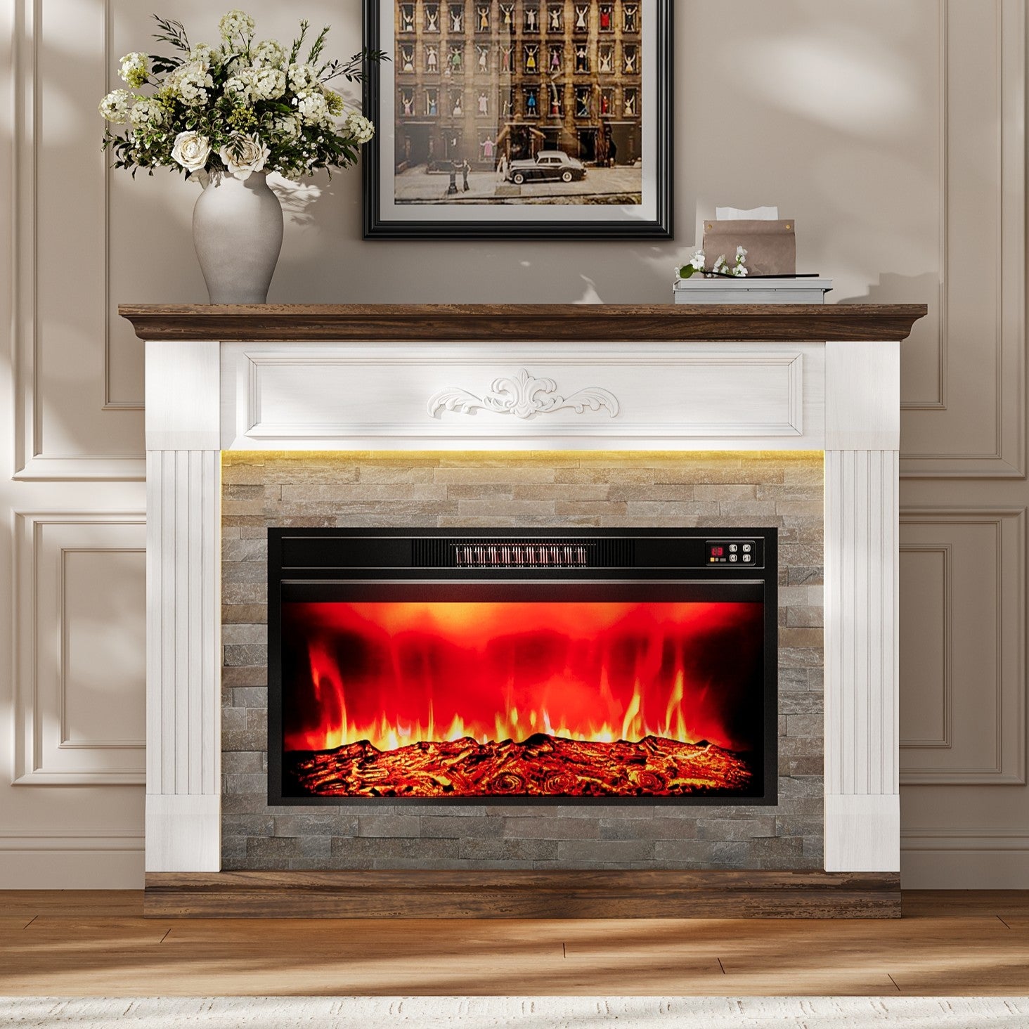 Holliwill 47" Electric Fireplace with Mantel, Free Standing Fireplace Heater with 30" Insert, LED Lights, 1400W
