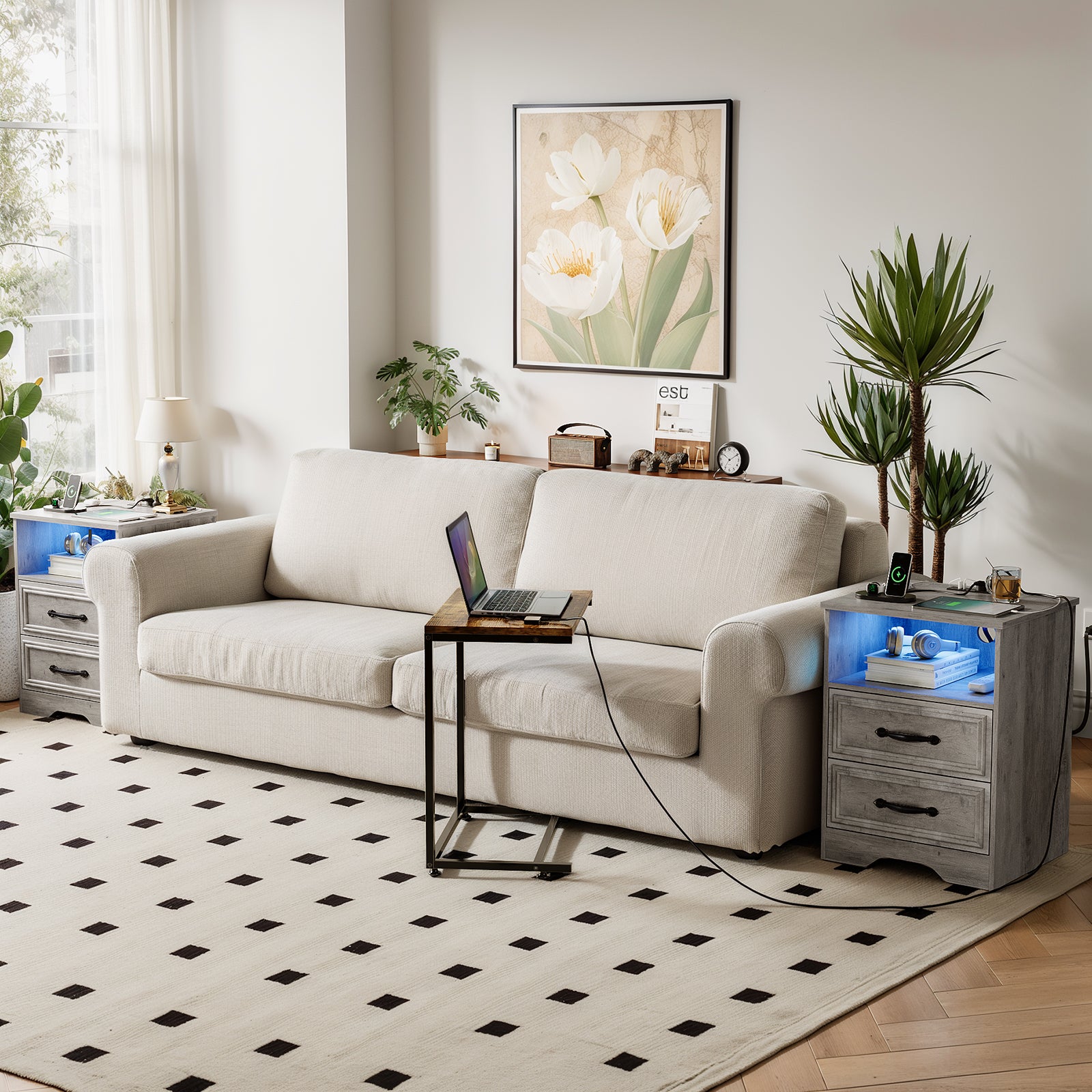 Holliwill Nightstand with Outlets & USB Ports & LED Lights for Bedroom, 2 Drawer Dresser Bedside Table End Table Side Table for Living Room, Gray