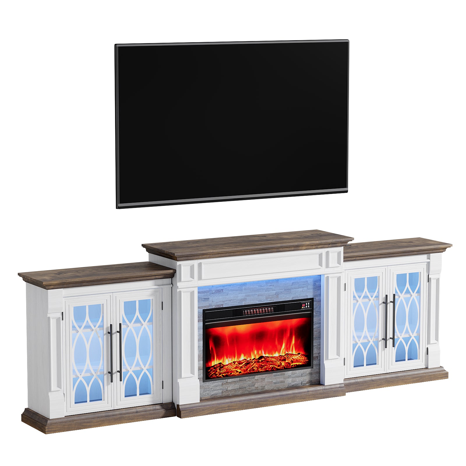 Holliwill 104" TV Stand with 30" Electric Fireplace & LED Lights & Power Outlets, Modern Farmhouse Entertainment Center with Storage Cabinet for Living Room, Large Fireplace with Mantel