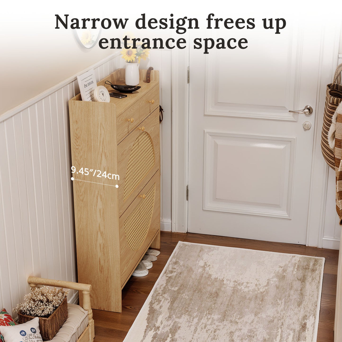 HolliWill Shoe Storage Cabinet with 2 Rattan Flip Drawers & 2 Drawers