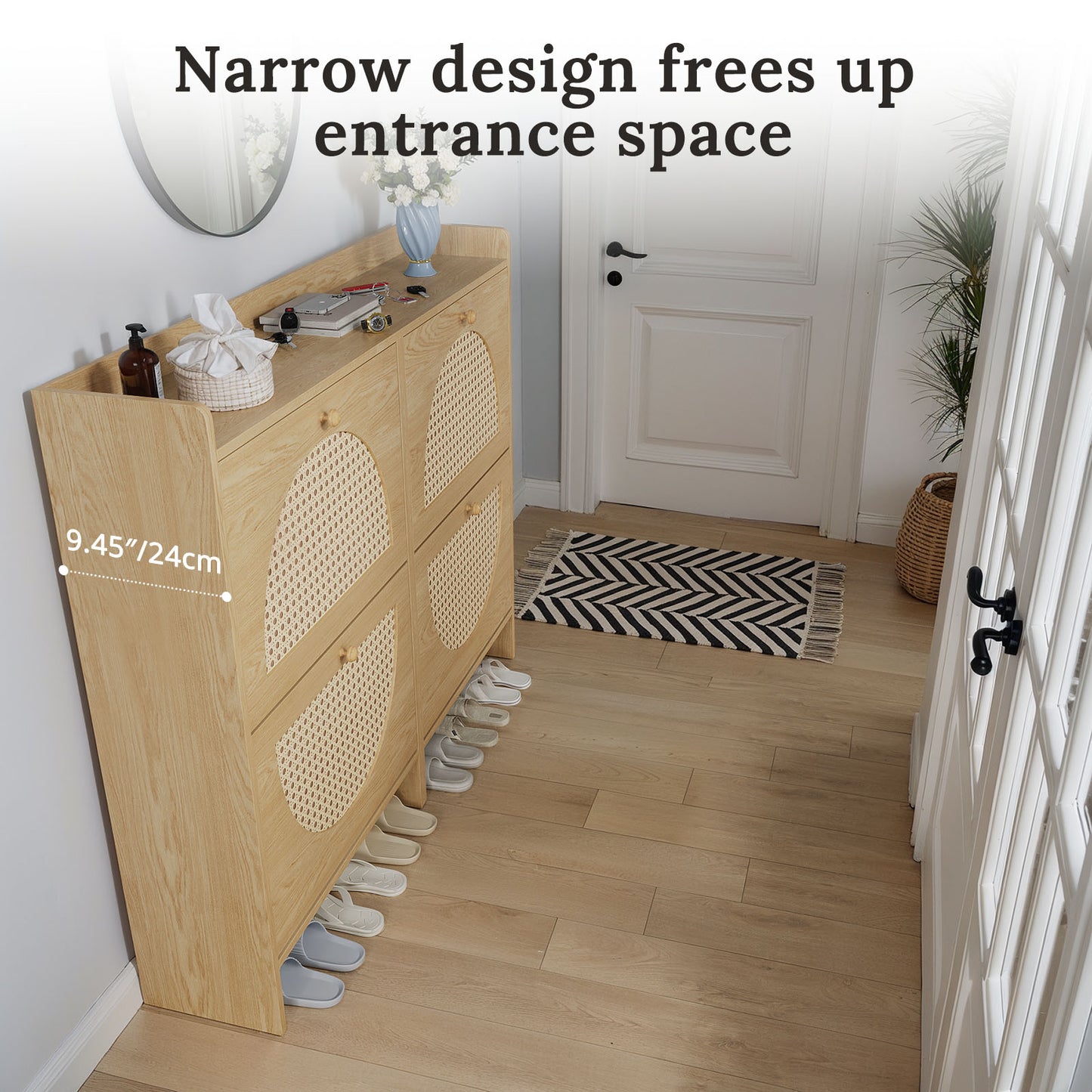 HolliWill Shoe Storage Cabinet with 4 Flip Drawers, Rattan Narrow Shoes Organizer Cabinet