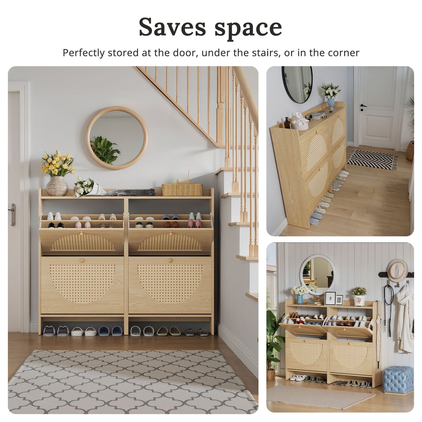 HolliWill Shoe Storage Cabinet with 4 Flip Drawers, Rattan Narrow Shoes Organizer Cabinet