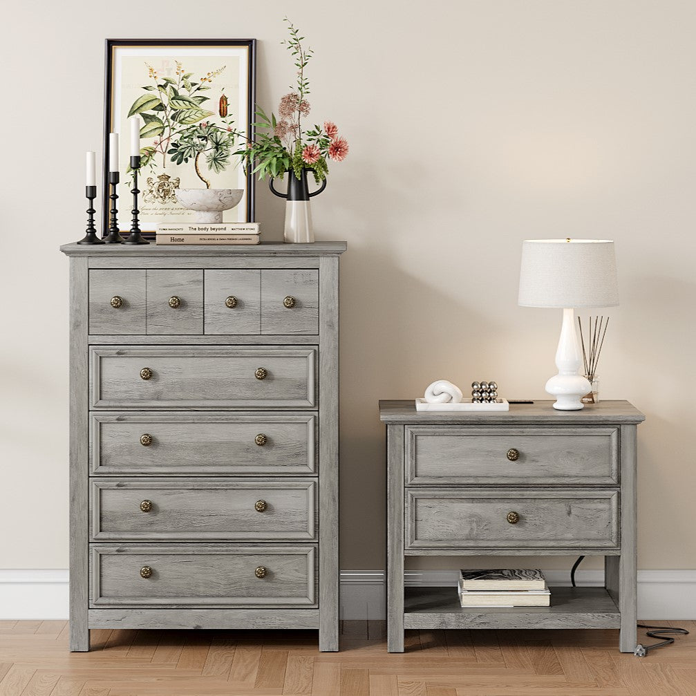 Holliwill Farmhouse Bedroom 2/3 Pieces Set, Drawer Dresser and 2 Drawer Nightstand with Open Shelf & Charging Station, Chest of Drawers for Bedroom, Grey