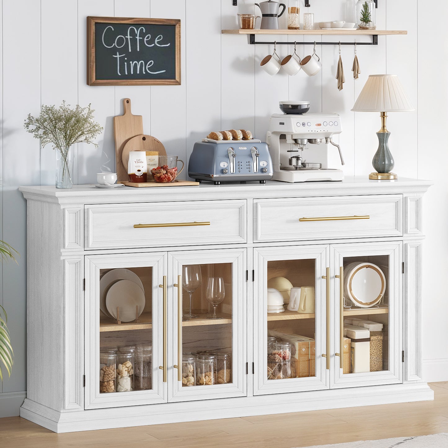 HolliWill 63" Modern Buffet Cabinet with 2 Drawers and 4 Glass Doors, Large Sideboard Coffee Bar Cabinet