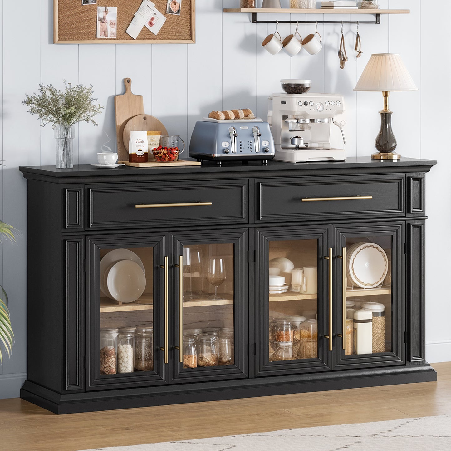 HolliWill 63" Modern Buffet Cabinet with 2 Drawers and 4 Glass Doors, Large Sideboard Coffee Bar Cabinet