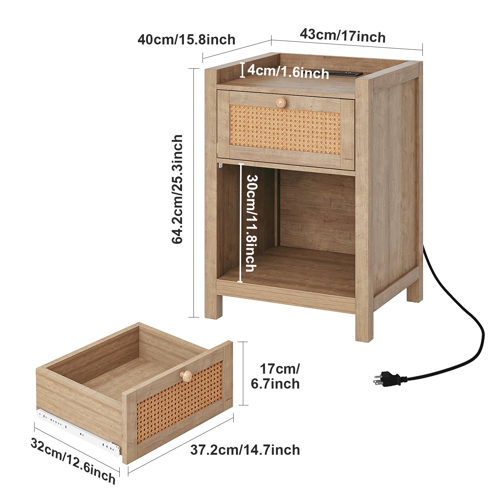 Holliwill Nightstand for Bedroom Set of 2 with Charging Station, Boho Rattan Modern Bedside Tables with Type-C, USB Port, Bed Side Tables End Table, Natural Oak