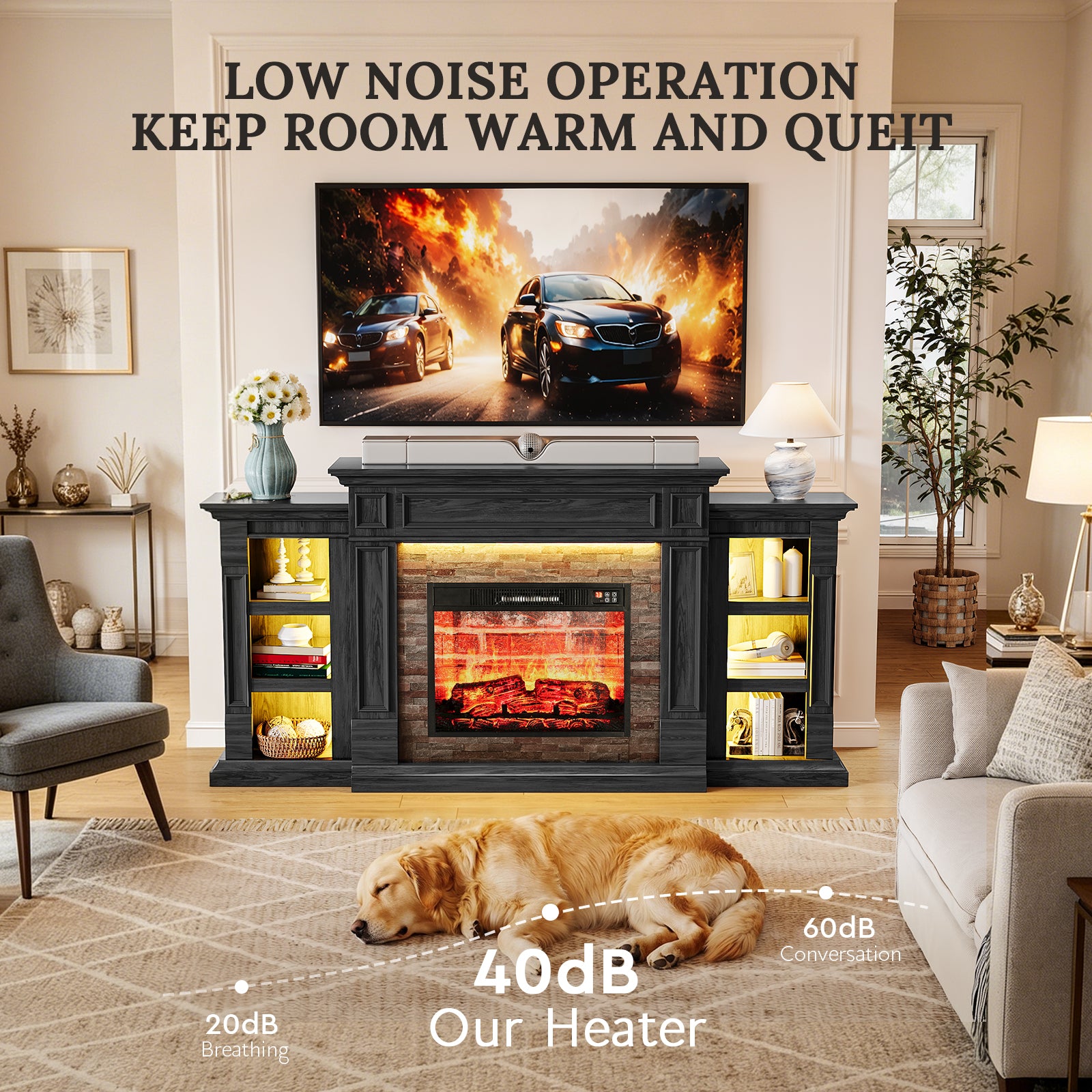 Holliwill 72" TV Stand for TVs up to 80" with LED Light, Electric Fireplace with Mantel, Entertainment Center with 23" Insert Heater for Living Room, Black
