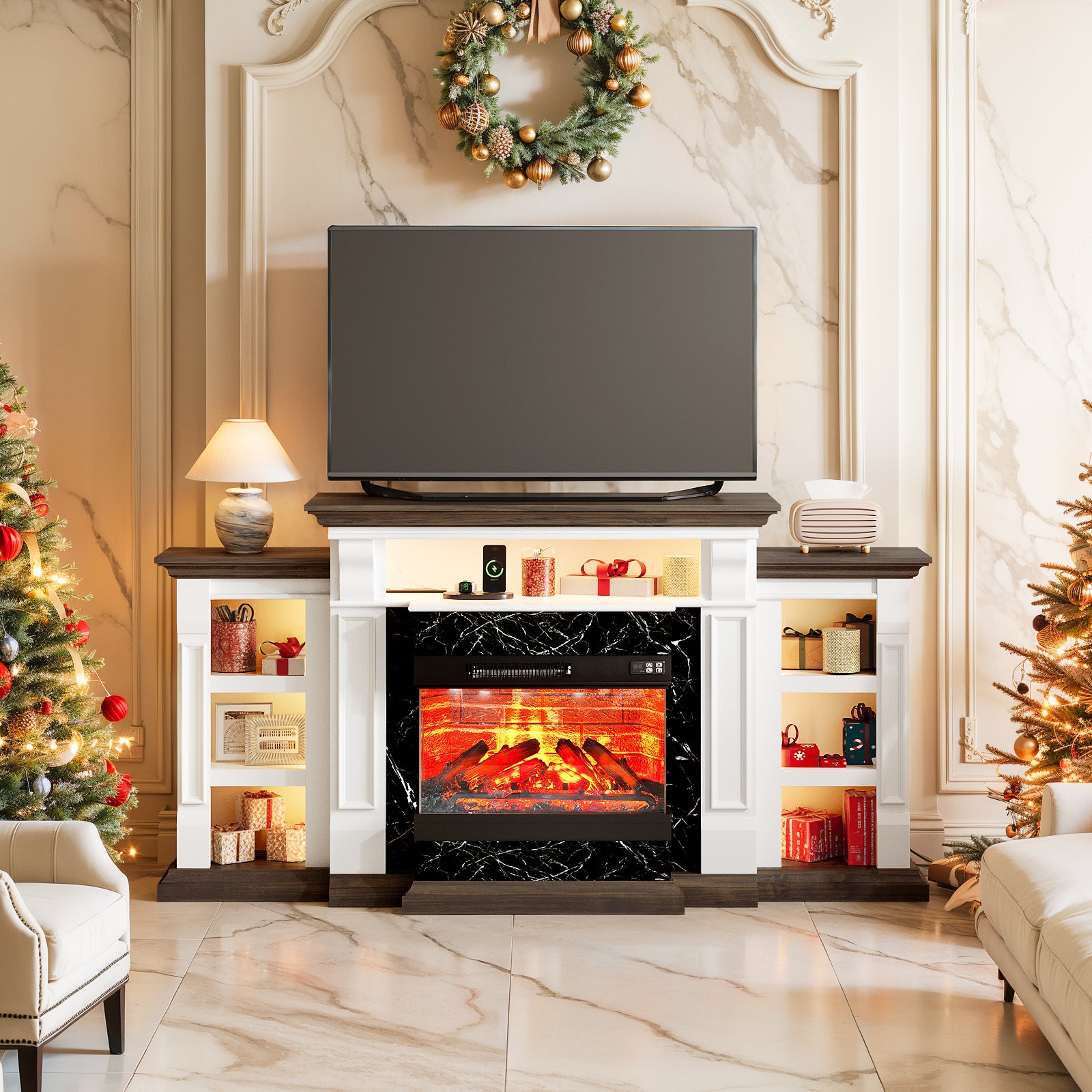 Holliwill 3-Sided Glass Farmhouse 72" Fireplace TV Stand for TVs up to 80", Electric Fireplace with Mantel, Entertainment Center TV Console with Charging Station & LED Lights for Living Room