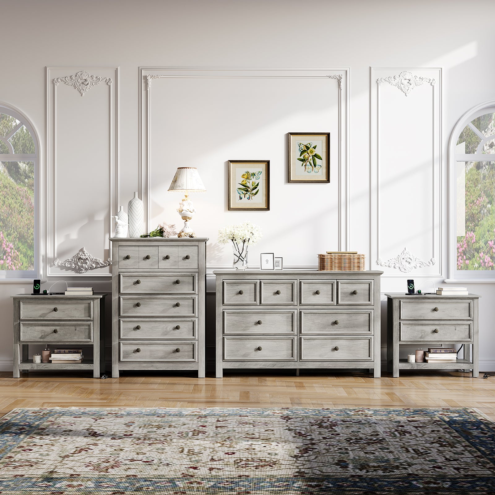 Holliwill Farmhouse 4 Pieces Bedroom Furniture Set, Wide 8 Drawer Dresser, Tall 6 Drawer Dresser and 2 Drawer Nightstand with Open Shelf & Charging Station, Grey