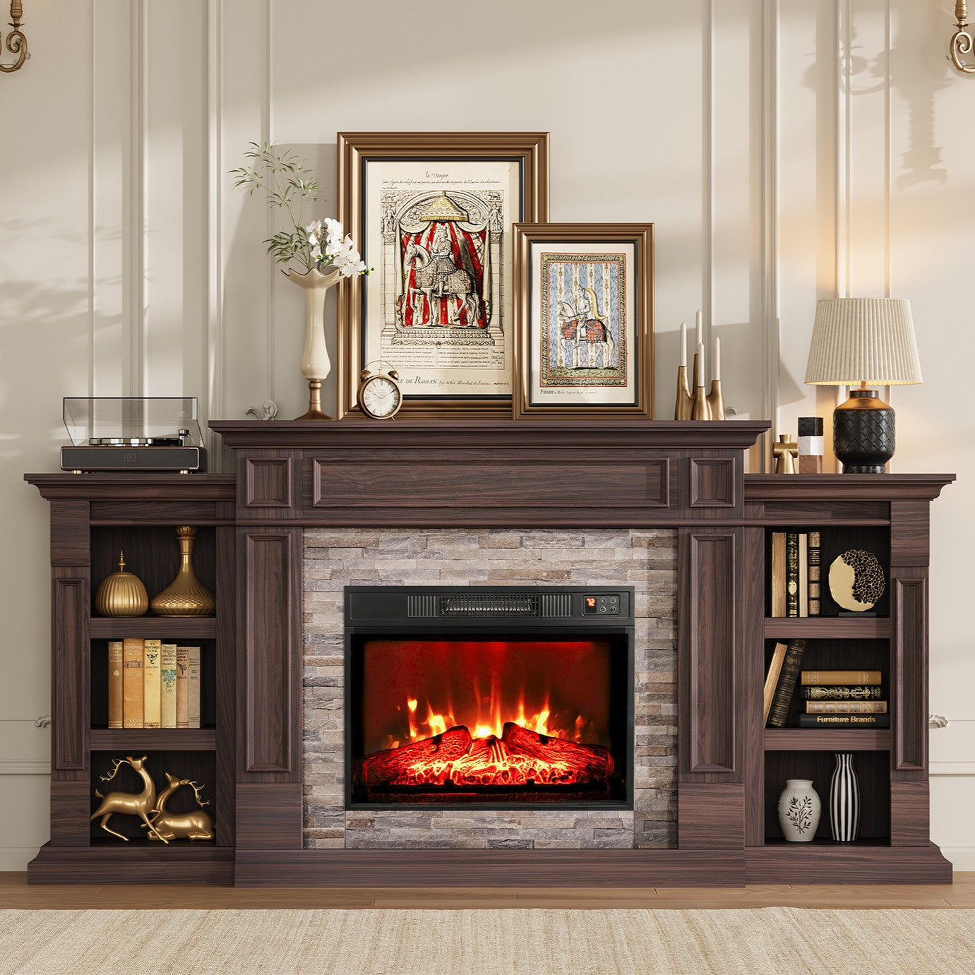 Holliwill 72" Electric Fireplace with Mantel, Farmhouse TV Stand for TVs up to 80 in, Brown