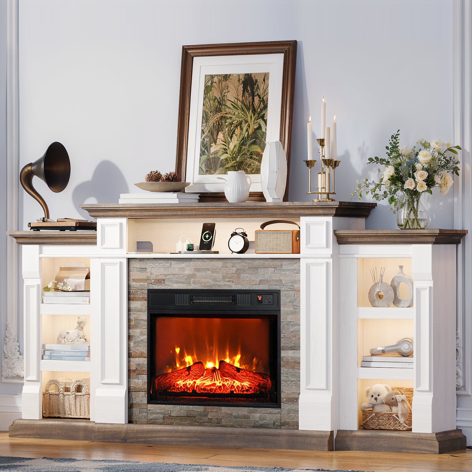 Holliwill 72" TV Stand for TVs up to 80" with Charging Station & LED Light, Electric Fireplace with Mantel, Entertainment Center with 23" Electric Heater