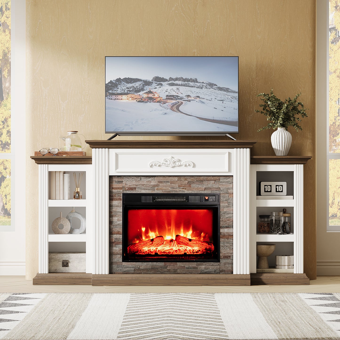 72" Electric Fireplace with Mantel, Farmhouse TV Stand for TVs up to 80"