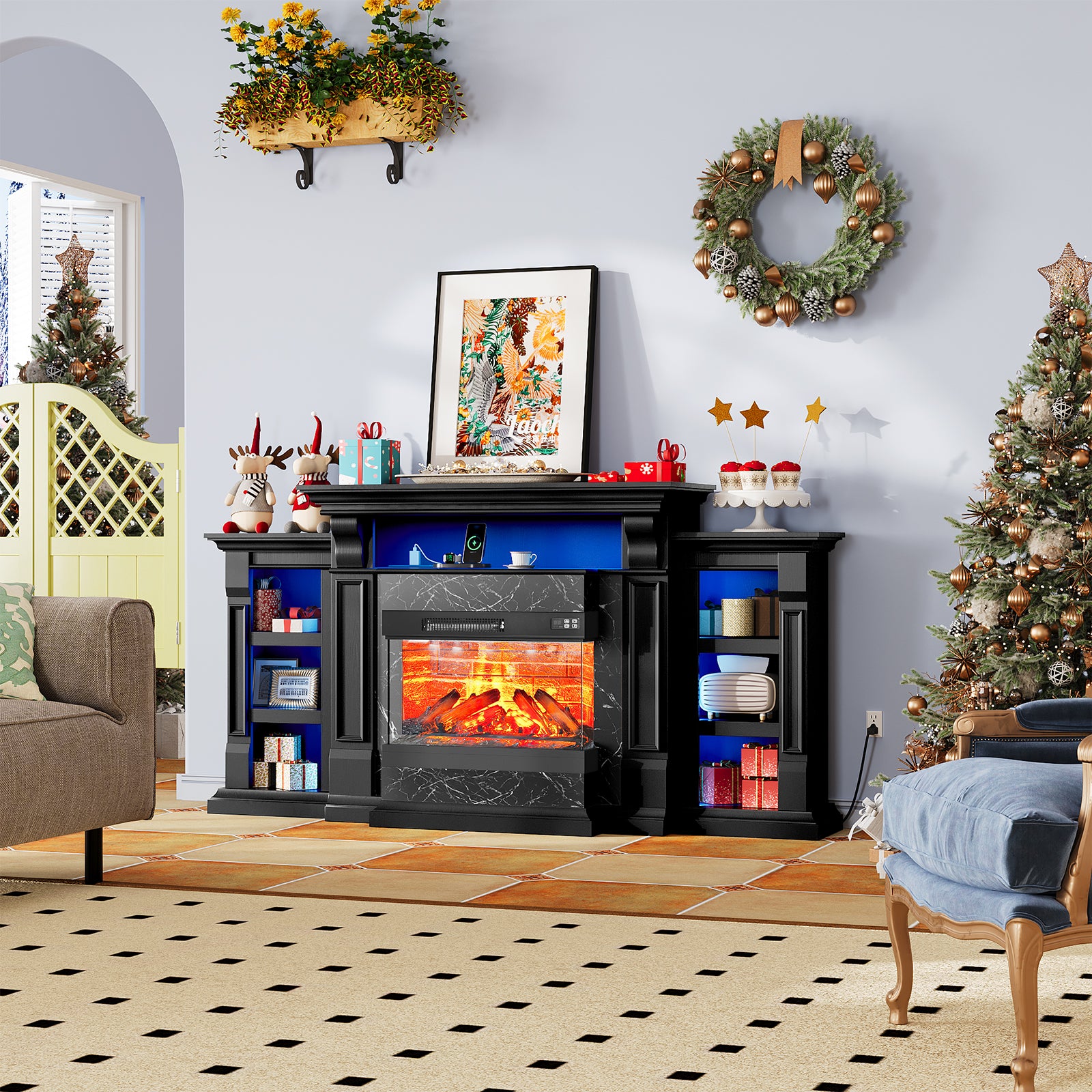 Holliwill 3-Sided Glass Farmhouse 72" Fireplace TV Stand for TVs up to 80", Electric Fireplace with Mantel, Entertainment Center TV Console with Charging Station & LED Lights for Living Room
