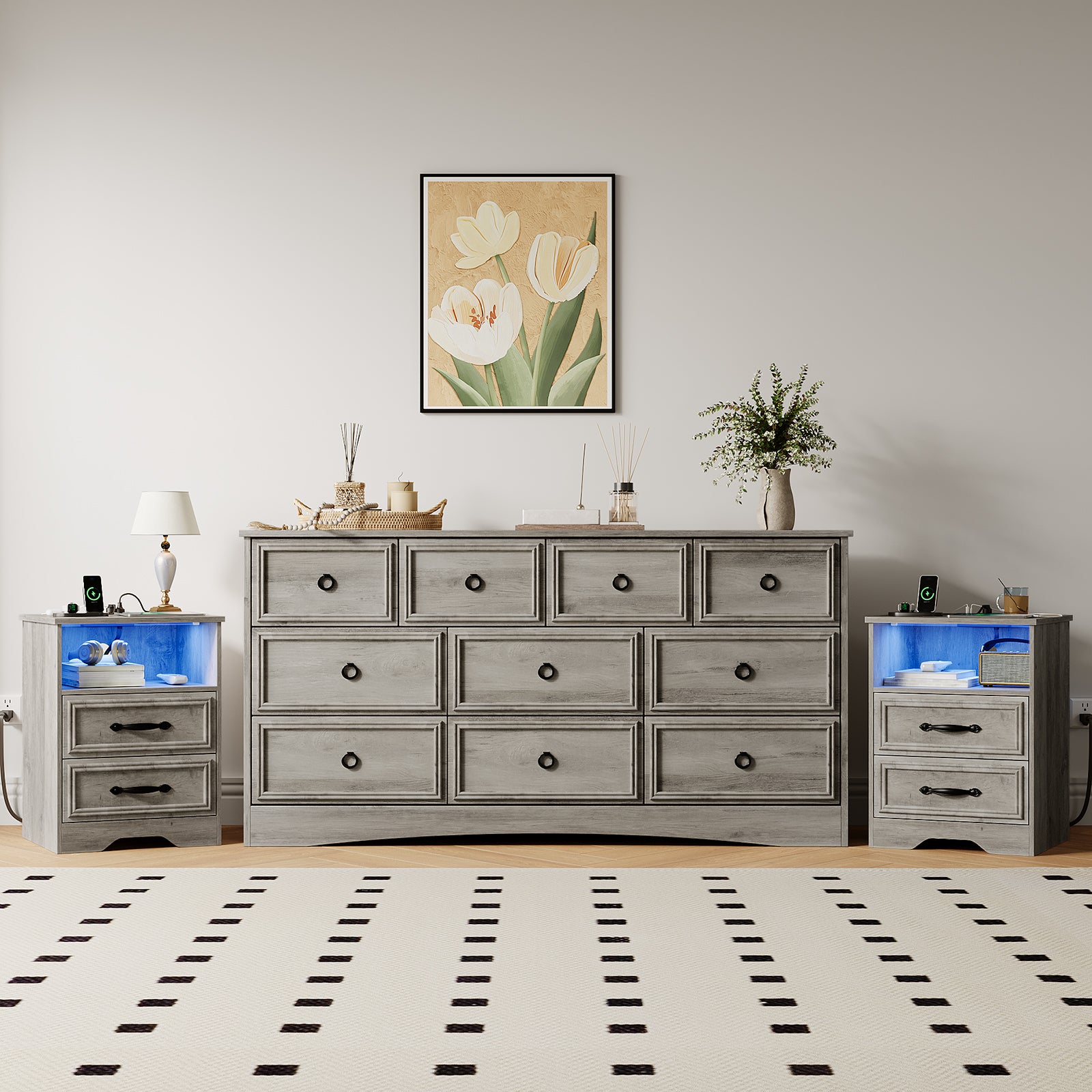 Holliwill Dresser Nightstands Set, 10 Drawers Dresser and 2pcs Bedside Table with LED & Outlets for Bedroom, Grey