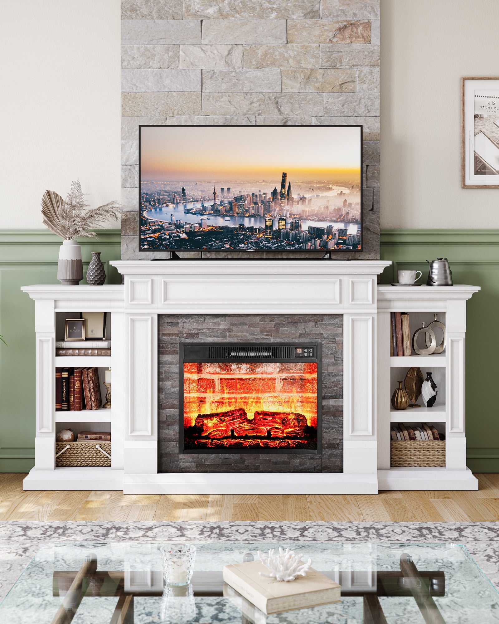 Holliwill 70" Electric Fireplace with Mantel, Farmhouse TV Stand For TVs up to 80" with Remote Control