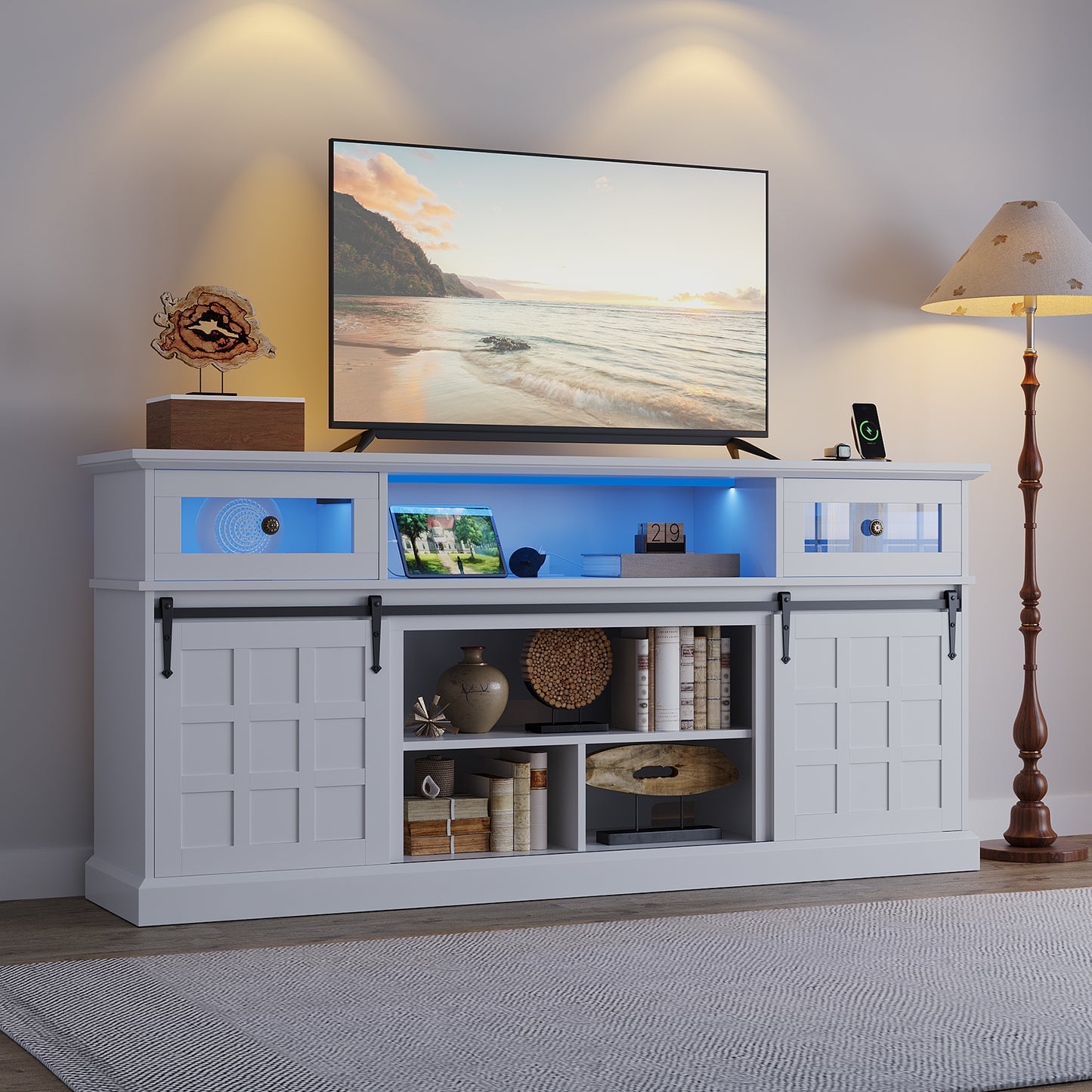70" TV Stand for TVs up to 80" with Charging Station & LED Lights,White