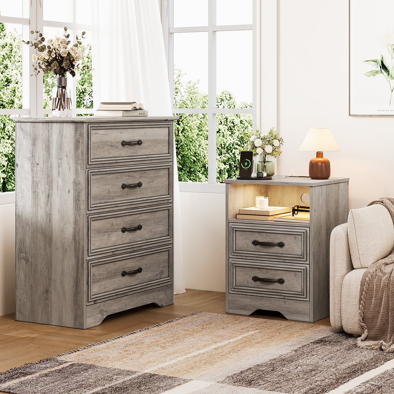 Holliwill Dresser Nightstands Set, Tall 4 Drawers Dresser and Bedside Table with LED & Outlets for Bedroom, Grey