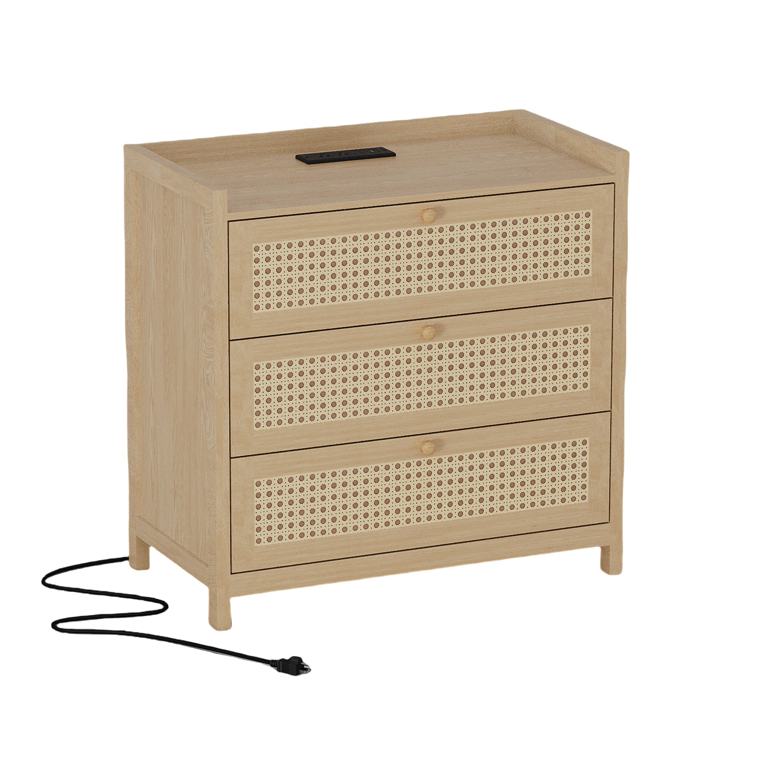 Holliwill Rattan Nightstand Bedside Table with Charging Station, 3 Drawers Storage, Boho Bed Side Tables End Table with Type-C, USB Port for Bedroom, Natural Oak