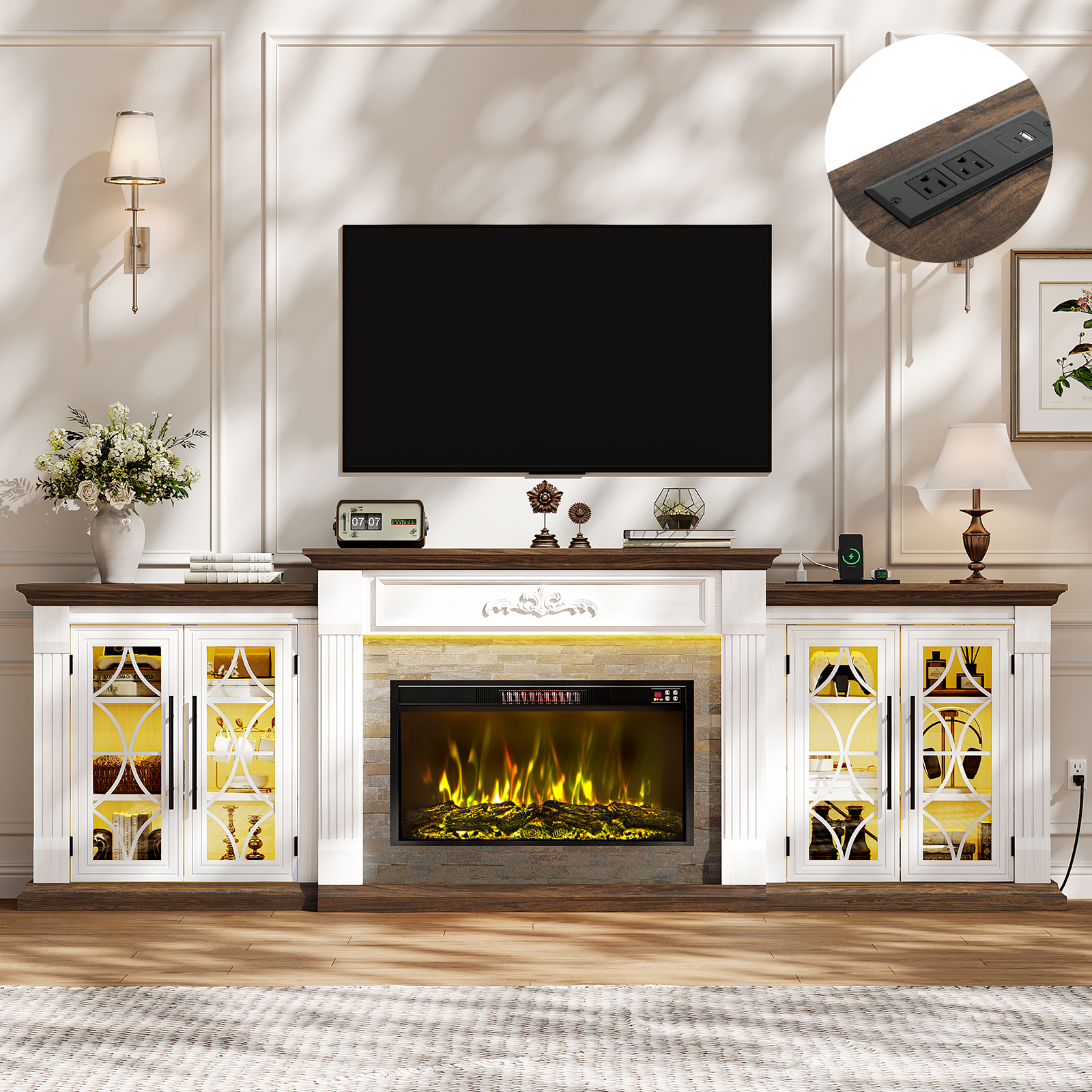 Holliwill 104" Fireplace TV Stand with 30" Multi-color Electric Fireplace & LED Lights & Charging Station, 3 in 1 Modular Entertainment Center for Living Room