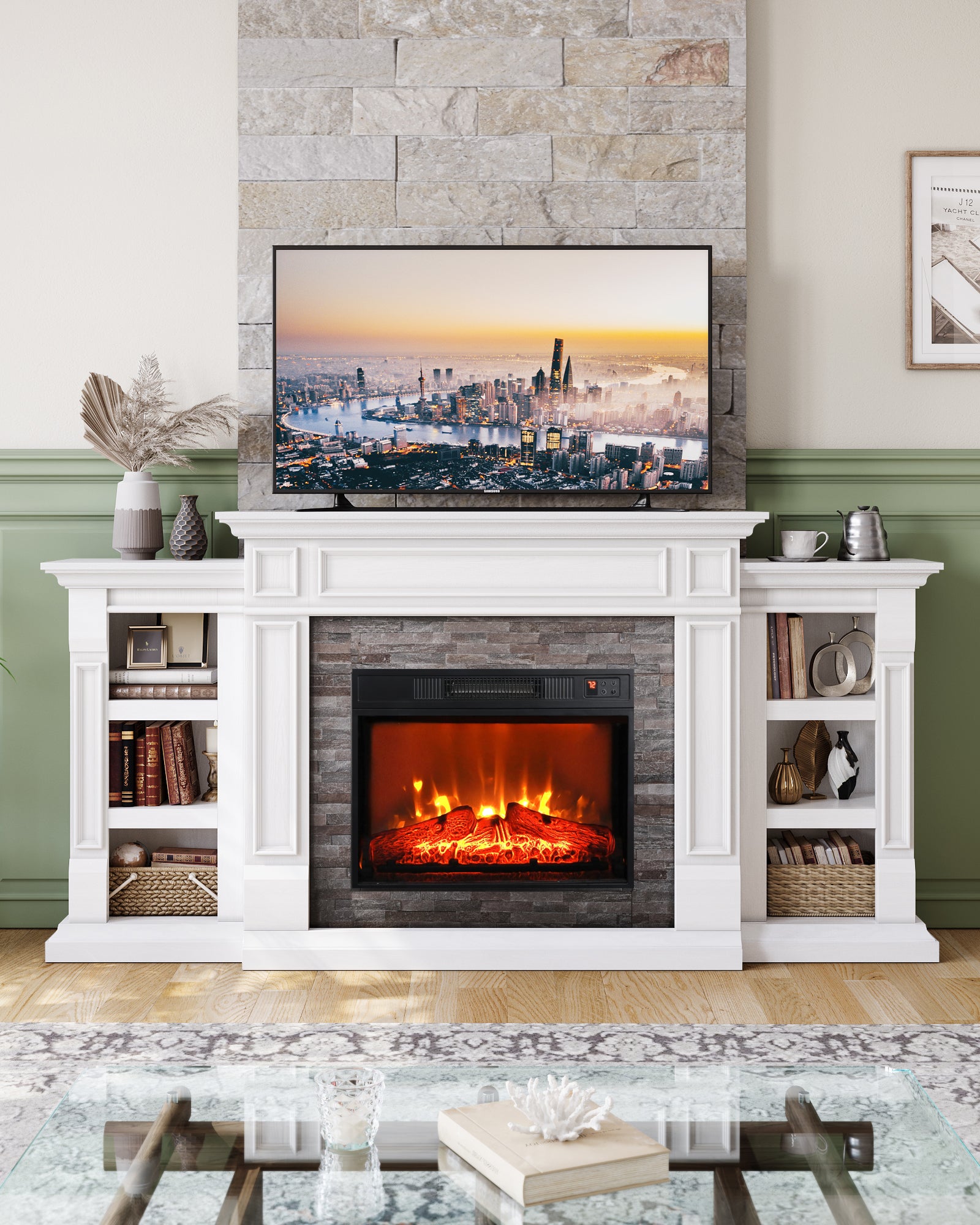 Holliwill 70" Mantel TV Stand Entertainment Center for TVs up to 80" with 23" Fireplace