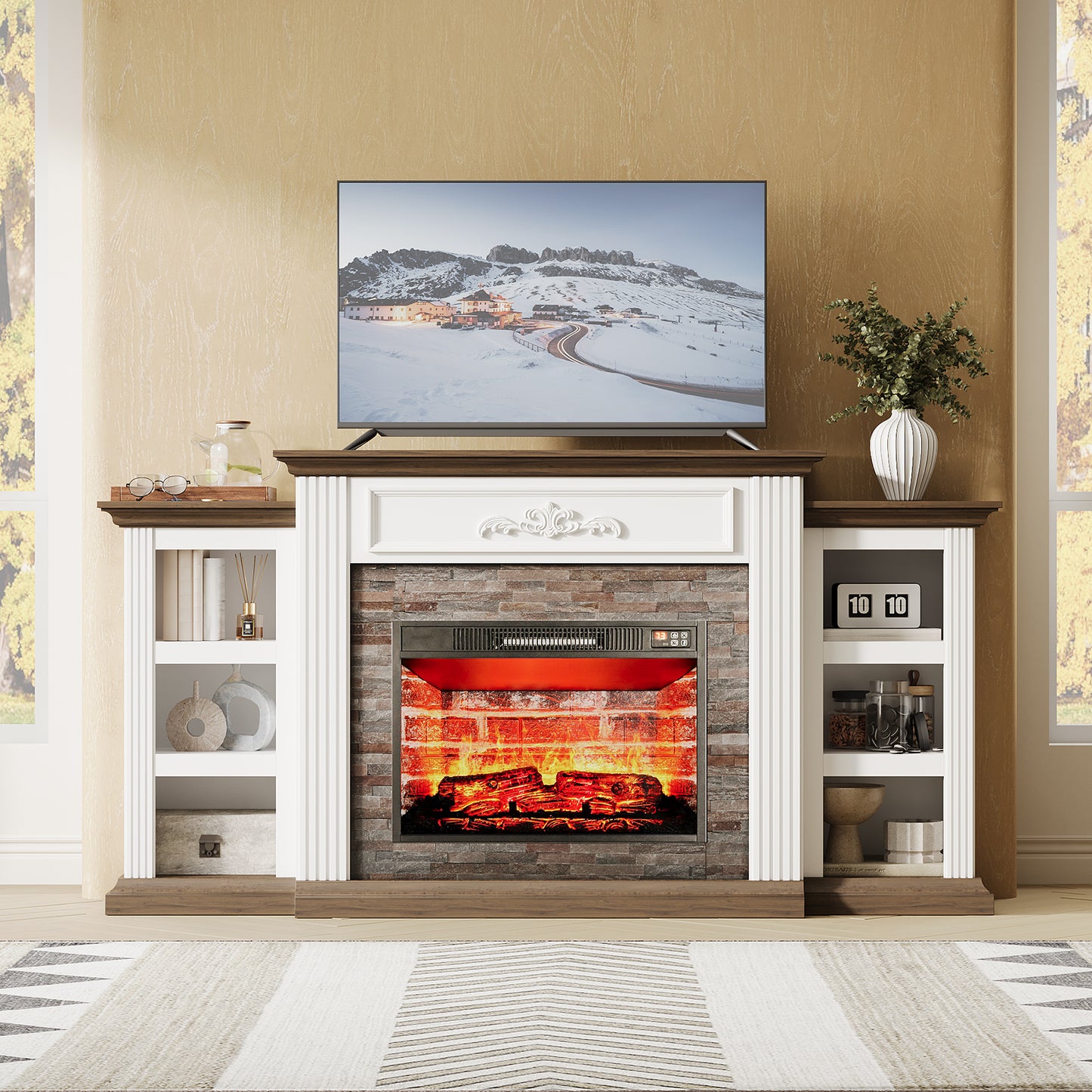 72" Electric Fireplace with Mantel, Farmhouse TV Stand for TVs up to 80"