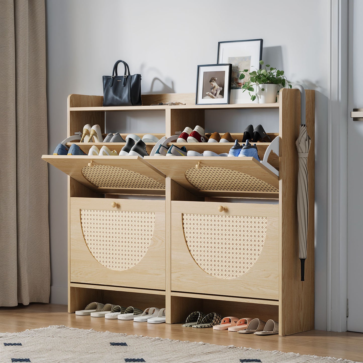 HolliWill Shoe Storage Cabinet with 4 Flip Drawers, Rattan Narrow Shoes Organizer Cabinet